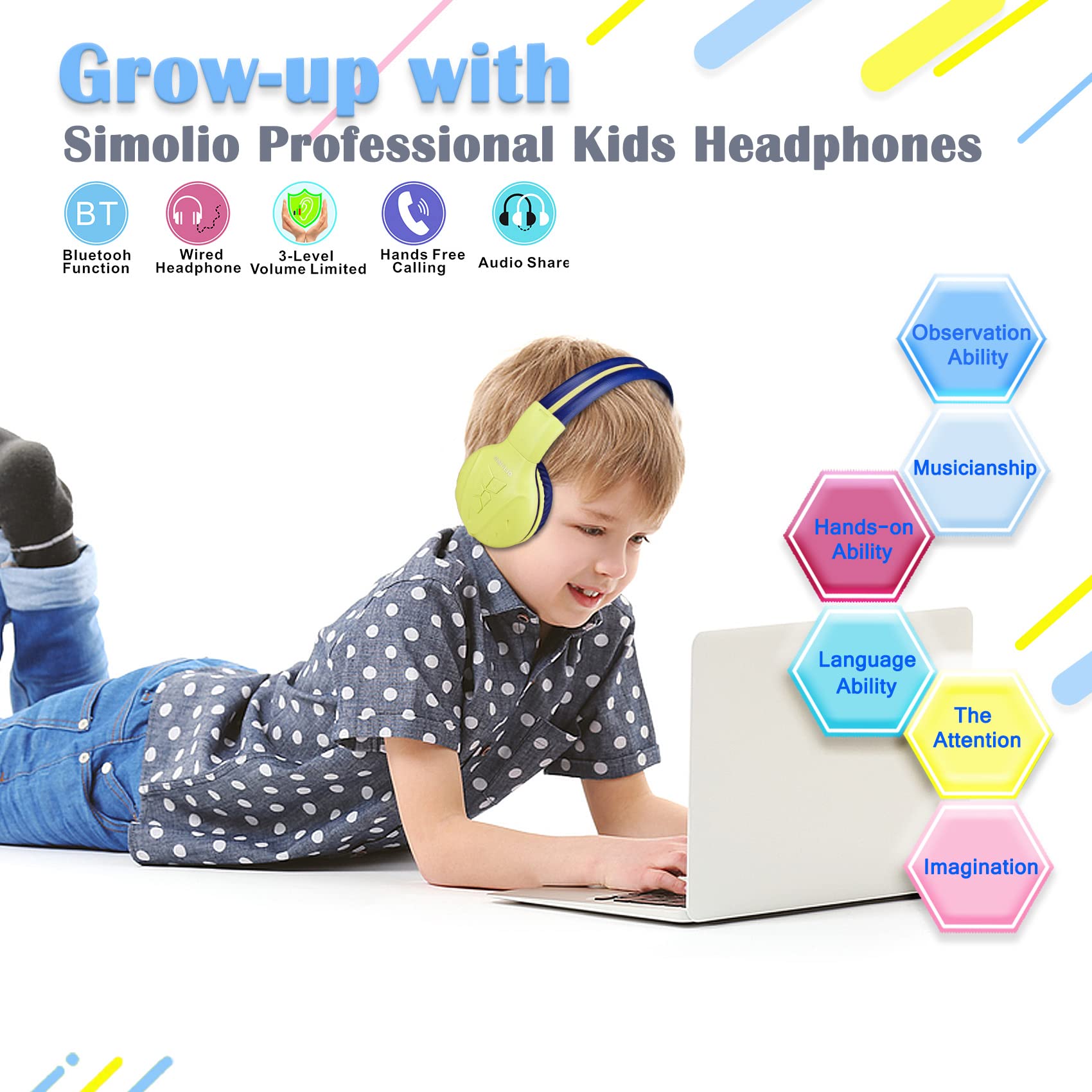 SIMOLIO Lot de 2 écouteurs sans fil pour enfants avec coque rigide, Bluetooth, volume limité, casques supra-auriculaires sans fil pour filles, garçons, école, voyage (menthe, jaune)
