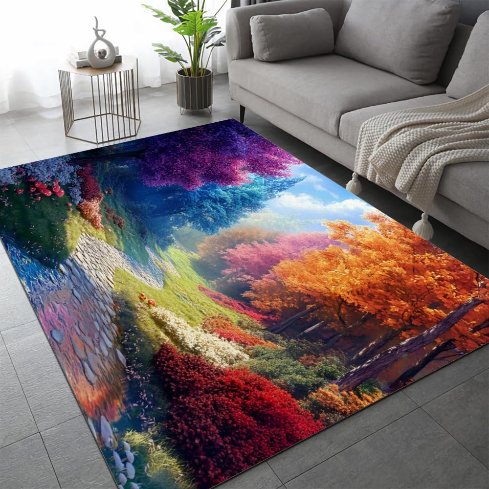 Colorful Leaves Tree Area Rugs, 3x5ft, Sunshine Meadow Plants 3D Print Carpet, Washable Rugs Mat, Non-Slip Home Decor Thermal Carpet for Kids Room