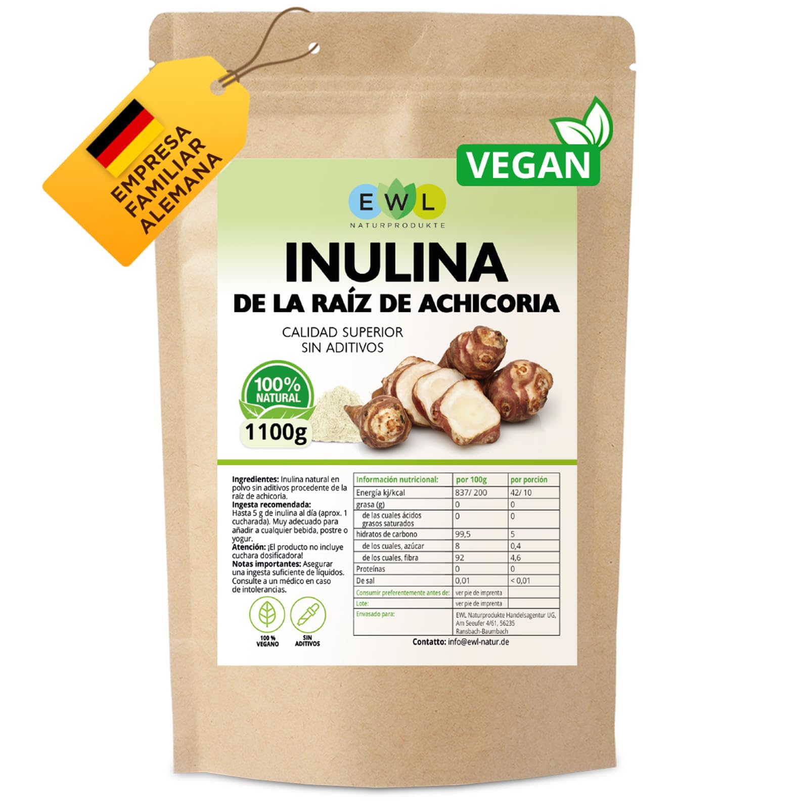 EWL Naturprodukte Inulina 1100 g, Inulina en Polvo procedente de la Raíz de Achicoria, Fibra Dietética en Polvo, controlada y envasada en Alemania, Calidad comprobada en Laboratorio