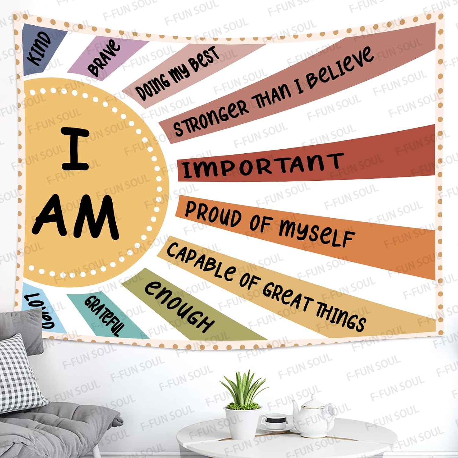 F-FUN SOUL Affirmation Tapestry 40x30inches Brave Positive Affirmations Wall Hanging Rainbow Tapestries for Office Bedroom Home Decor Dormitory Decoration