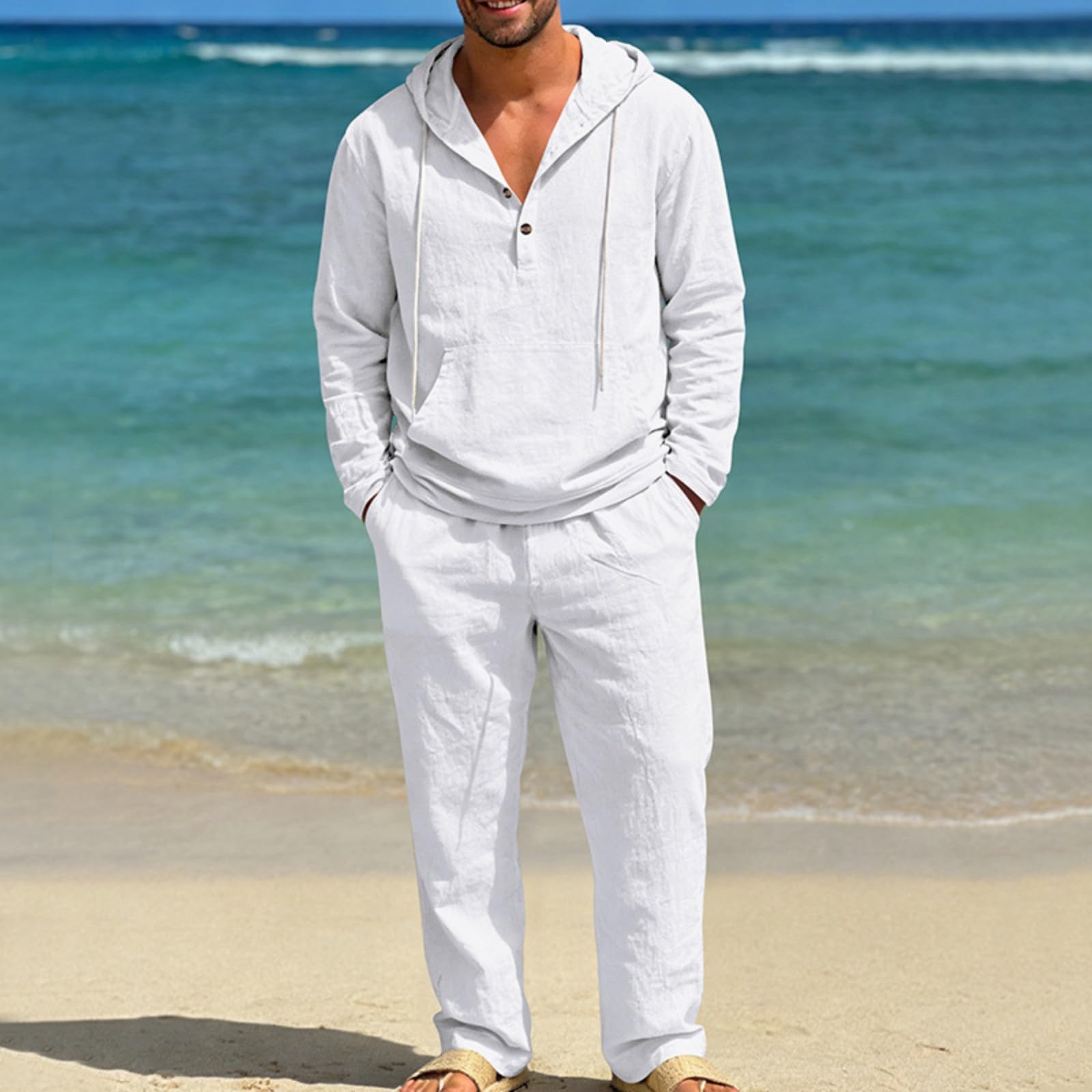 Generisch Ropa de lino para hombre, traje deportivo ligero de manga larga, sudadera de 2 piezas con capucha y pantalones de playa, traje de ocio, traje de jogging informal, chándal informal para