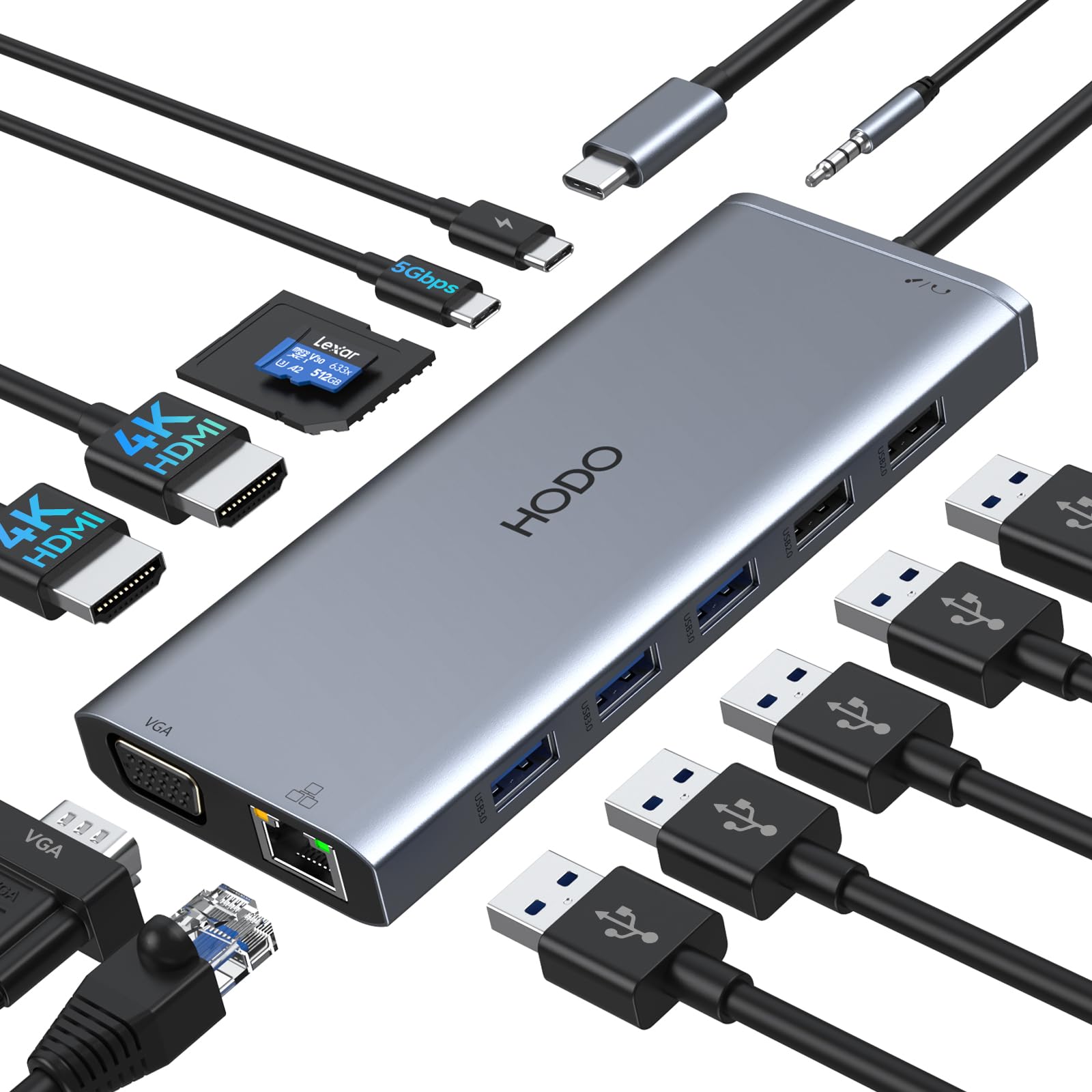 HODO Docking Station Dual Monitor, docking station per laptop 14 in 1 Triple Display, adattatore USB C Hub con 2 HDMI, VGA, Ethernet, PD, USB C Data, 5 USB, SD/TF, Audio/Mic per Dell Thinkpad Lenovo