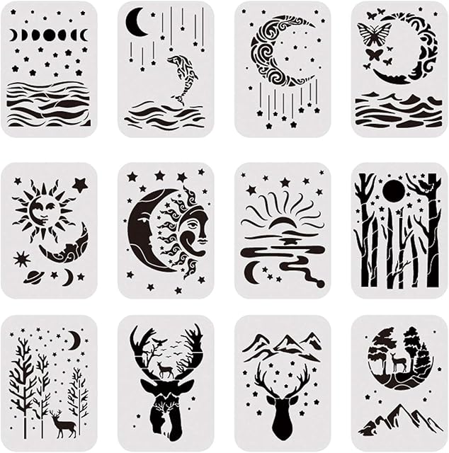 BENECREAT 12PCS 21x30cm Mountains Rivers Trees Pattern Template Stencil Moon Star Elk Painting Stencil for Art Craft Painting Scrabooking and Decoration