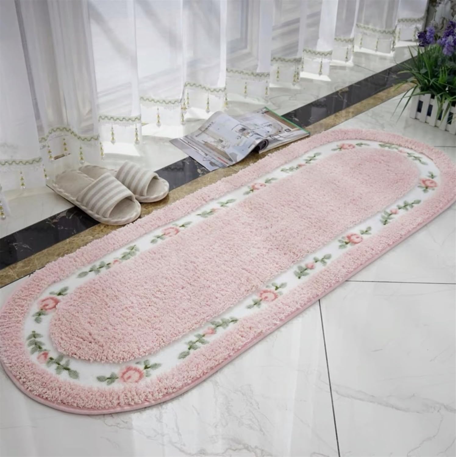 Large Rose Runner Rug for Bathroom 63"x20" Extra Long Microfiber Bath Floor Mats Kitchen Rugs Soft Floral Bathroom Carpet,Pink