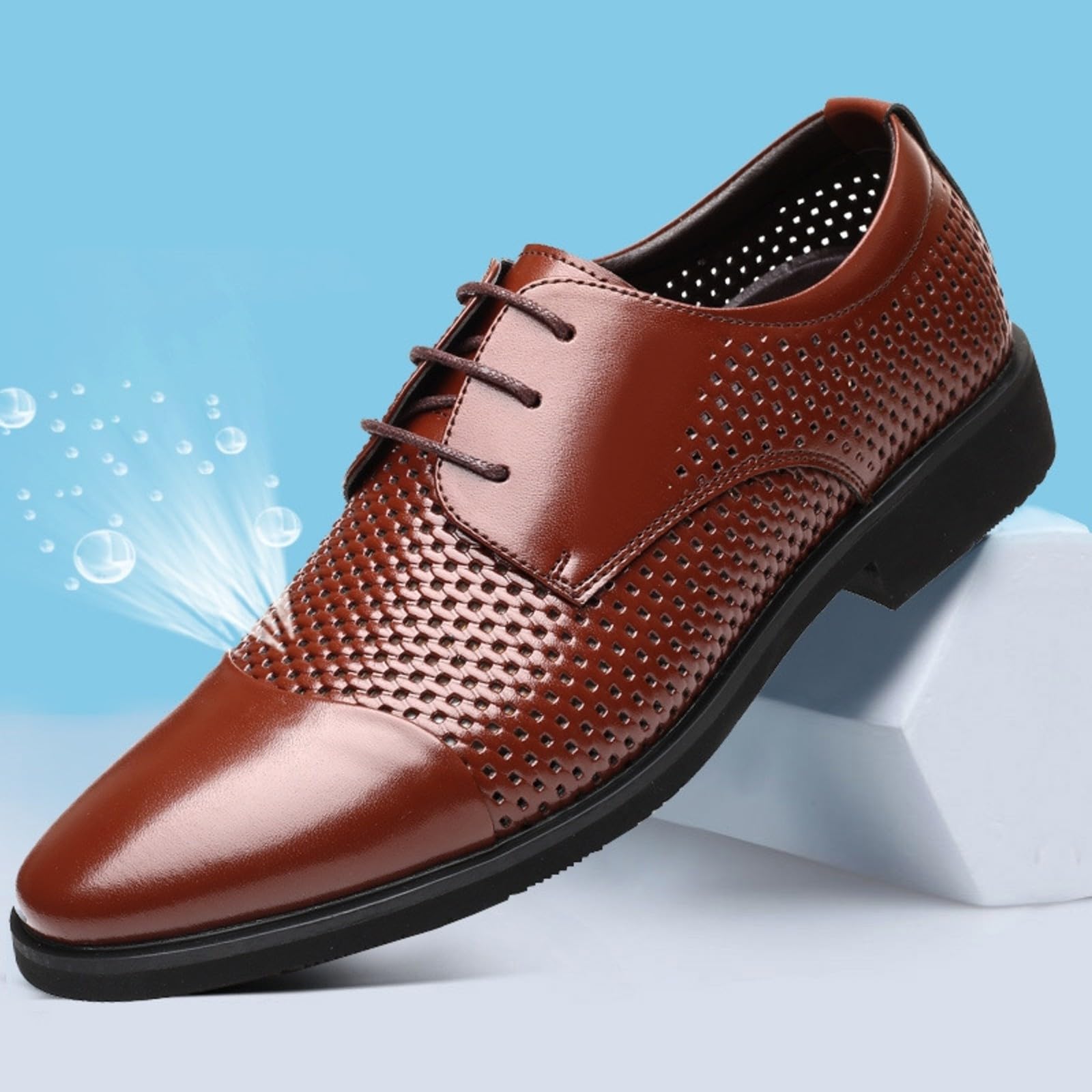 ANTTK Męskie buty derby z prawdziwej skóry, okrągły nosek, sznurowane, biznesowe, na co dzień, do biura, na ślub, oddychające, trwałe, czarne, brązowe