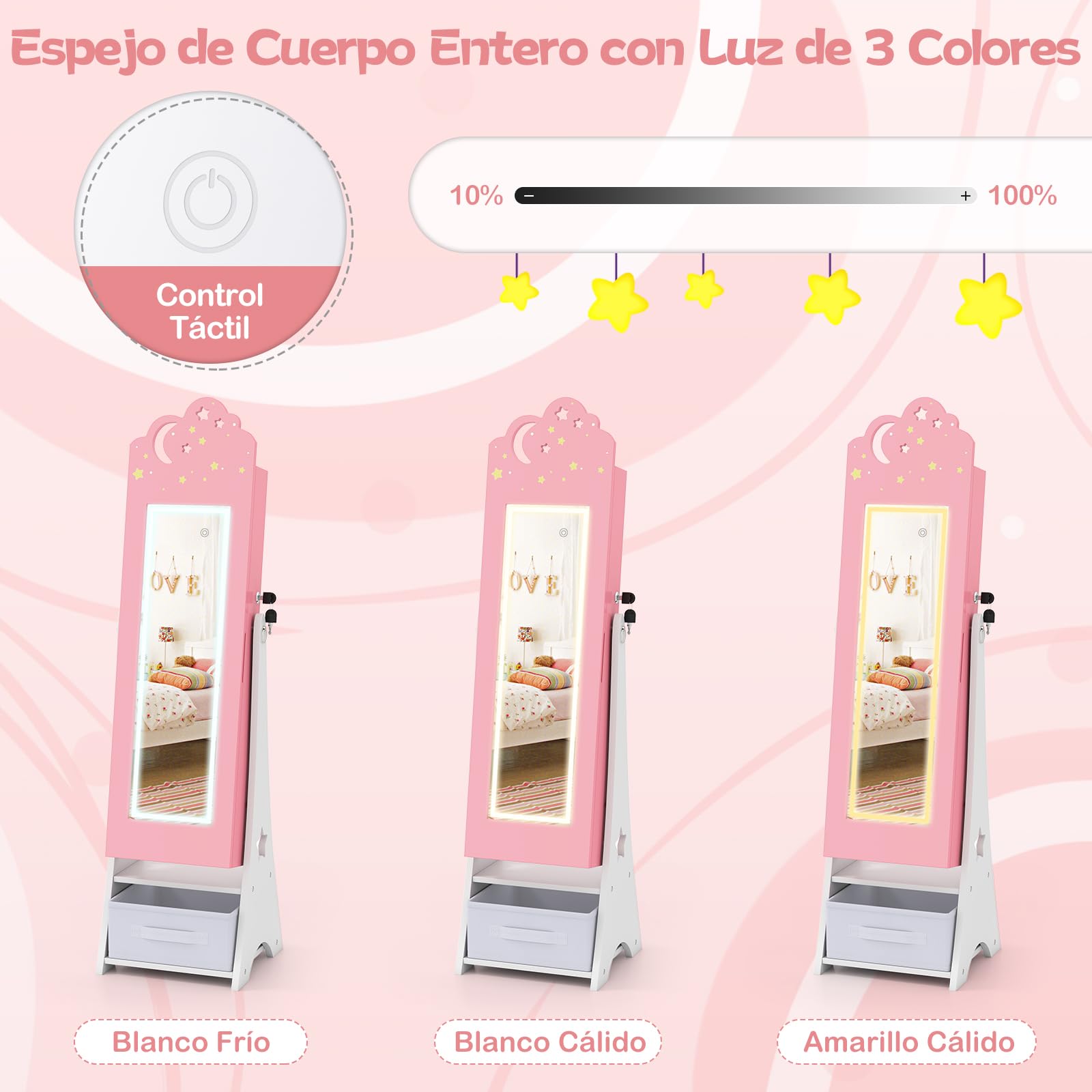 COSTWAY Armario para Joyas Infantil con Luces, Armario Joyero de Pie para Niñas con Espejo de Cuerpo Entero, 4 Luces con Sensor, Espejo Joyero para Princesas para Dormitorio Sala de Juegos (Rosa)