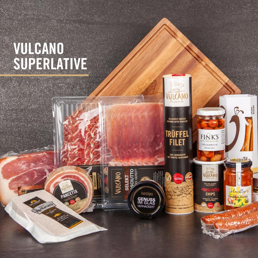 Vulcano Geschenkpaket Superlative – Premium Feinkost Geschenkset aus Österreich mit Schinken, Käse, Snacks & Süßigkeiten, handverlesen & stilvoll verpackt für Gourmets & Genießer