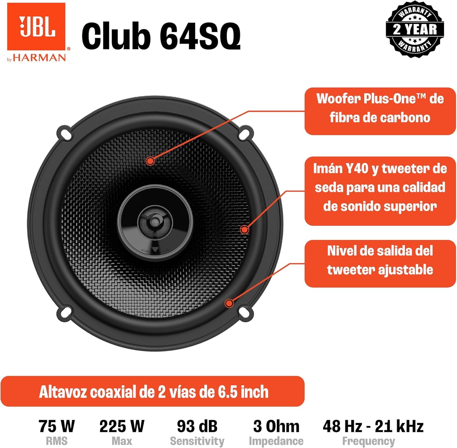 JBL Club Gen3 64SQ 6.5'' (16cm) Set de haut-parleur Coaxial - Sound Quality, Noir | 160 mm (6-1/2 Pouces), woofer fibre de carbone Plus One,60W RMS / 180W Max, tweeter dôme soie edge-driven, niveau 0/+3 dB