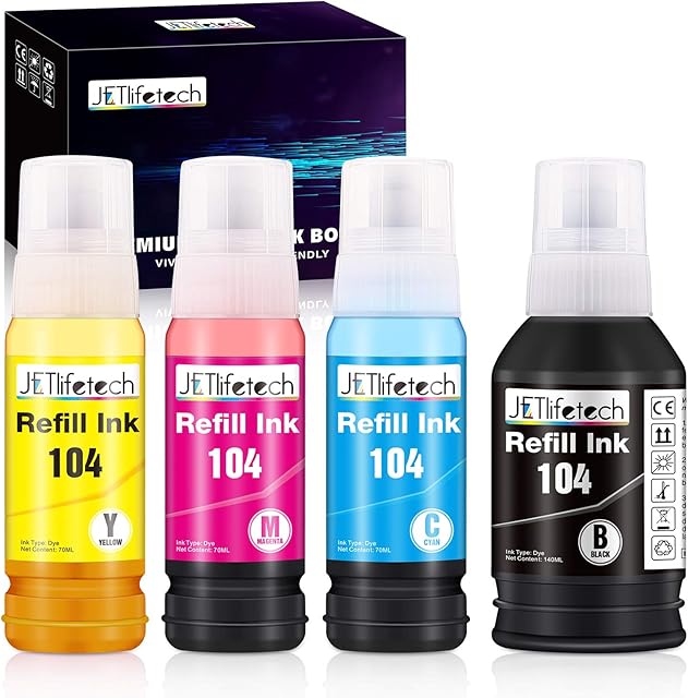 JETlifetech 104 102 Ink Bottle Replacement for Epson EcoTank 104 102 Compatible with EcoTank ET-2710 ET2711 ET-2720 ET-2726 ET-2750 ET-2810 ET-2820 ET-2850 ET-3750 ET-4700 ET-4750 ET-15000 (B/C/M/Y)