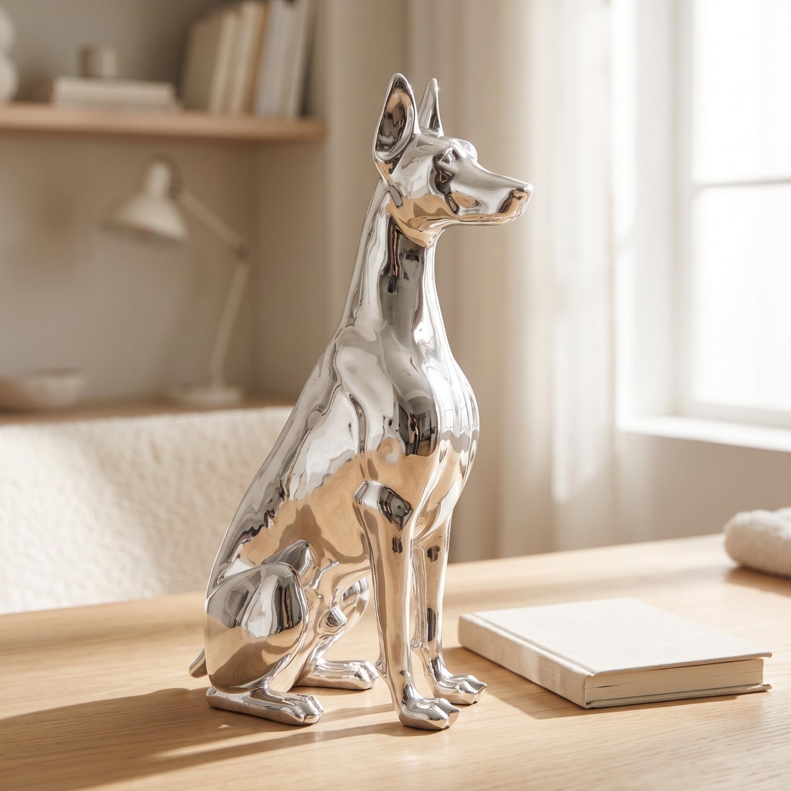 Statuetta Levriero Figurina Cane Scultura Decorazione Tavolo in Resina Finitura Brillante Superfici Luminose Salvaspazio Adatta per Mensole Consolle Mobile Tv Studio, Oro
