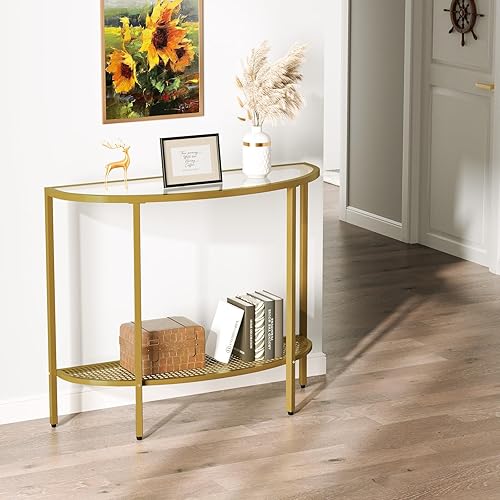 Miniatura 5 de SAYGOER Mesa consola de cristal de media luna, mesa de entrada estrecha de 2 niveles con marcos de metal dorado, mesa de sofá moderna, mesas de