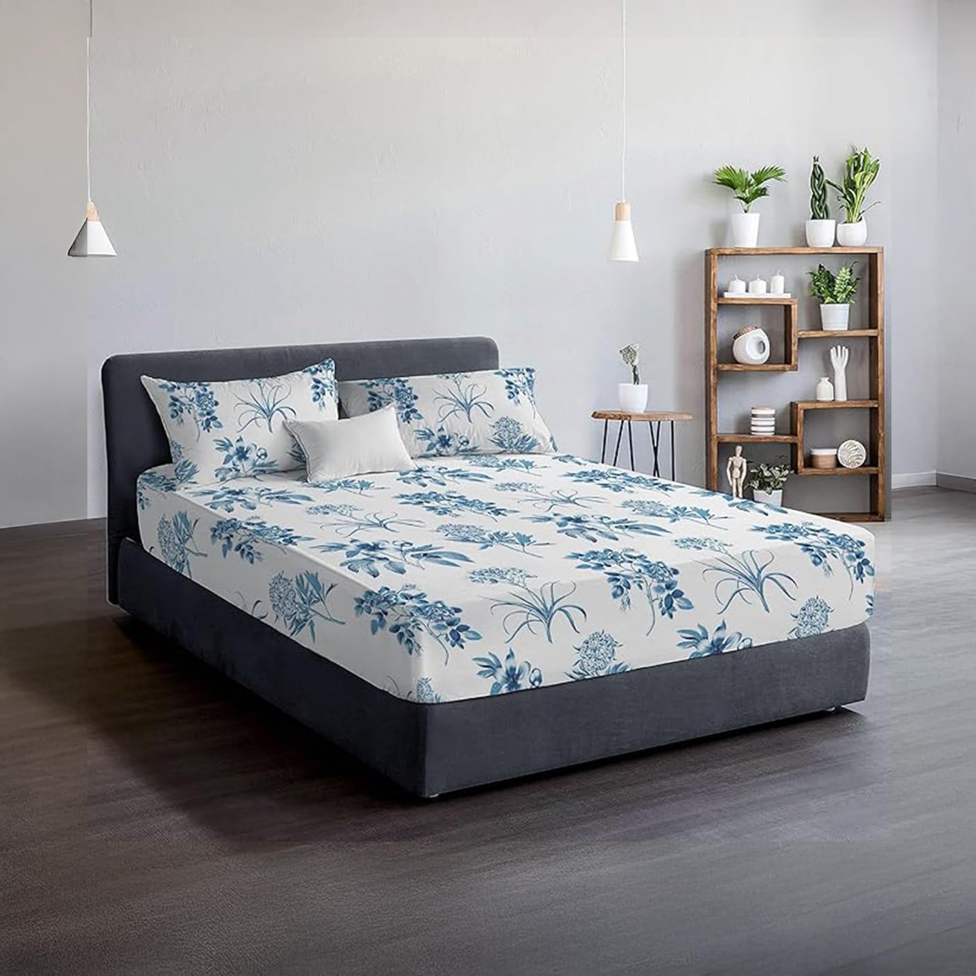 DANYDude 100% Egyptian Cotton Floral Printed 3PC King Size Fitted Sheet Set 400 Thread Count 30cm Extra Deep Fitted Sheets King With PillowCases 2 Pack Soft & Machine Washable