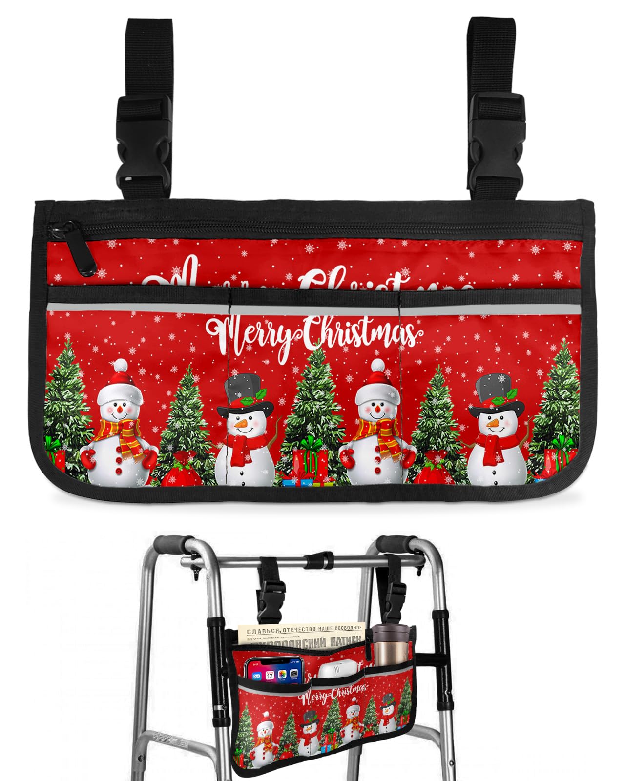 Christmas Snowman Wheelchair Side Bag Walker Bag, Xmas Tree Gift Snowflake Red Wheelchair Accessories Armrest Pouch, Organizer Storage Bag for Walkers, Rollators, Scooters, 7.3''x13''