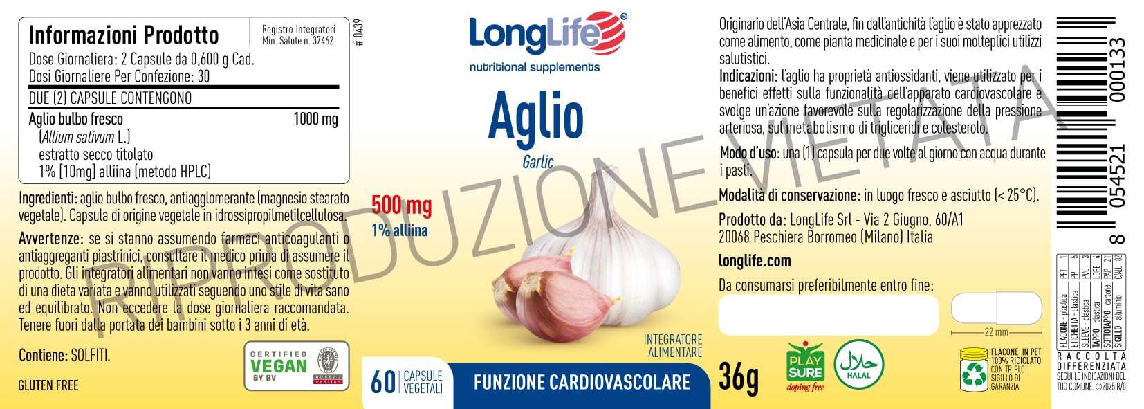 LongLife® Aglio | Estratto vegetale titolato all'1% in alliina | 1000mg dose giornaliera | Funzione cardiovascolare, pressione arteriosa, trigliceridi | 1 mese di trattamento | Senza glutine e vegano