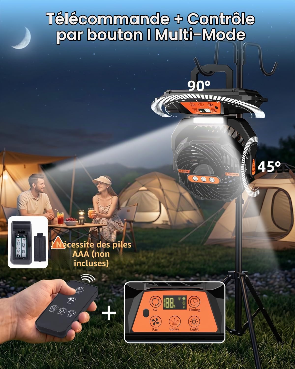 WESTTREE Grand ventilateur brumisateur portable, alimenté par batterie rechargeable, longue durée de fonctionnement, 3 buses, design brumisateur, ventilateur portable pour maison, terrasse, camping