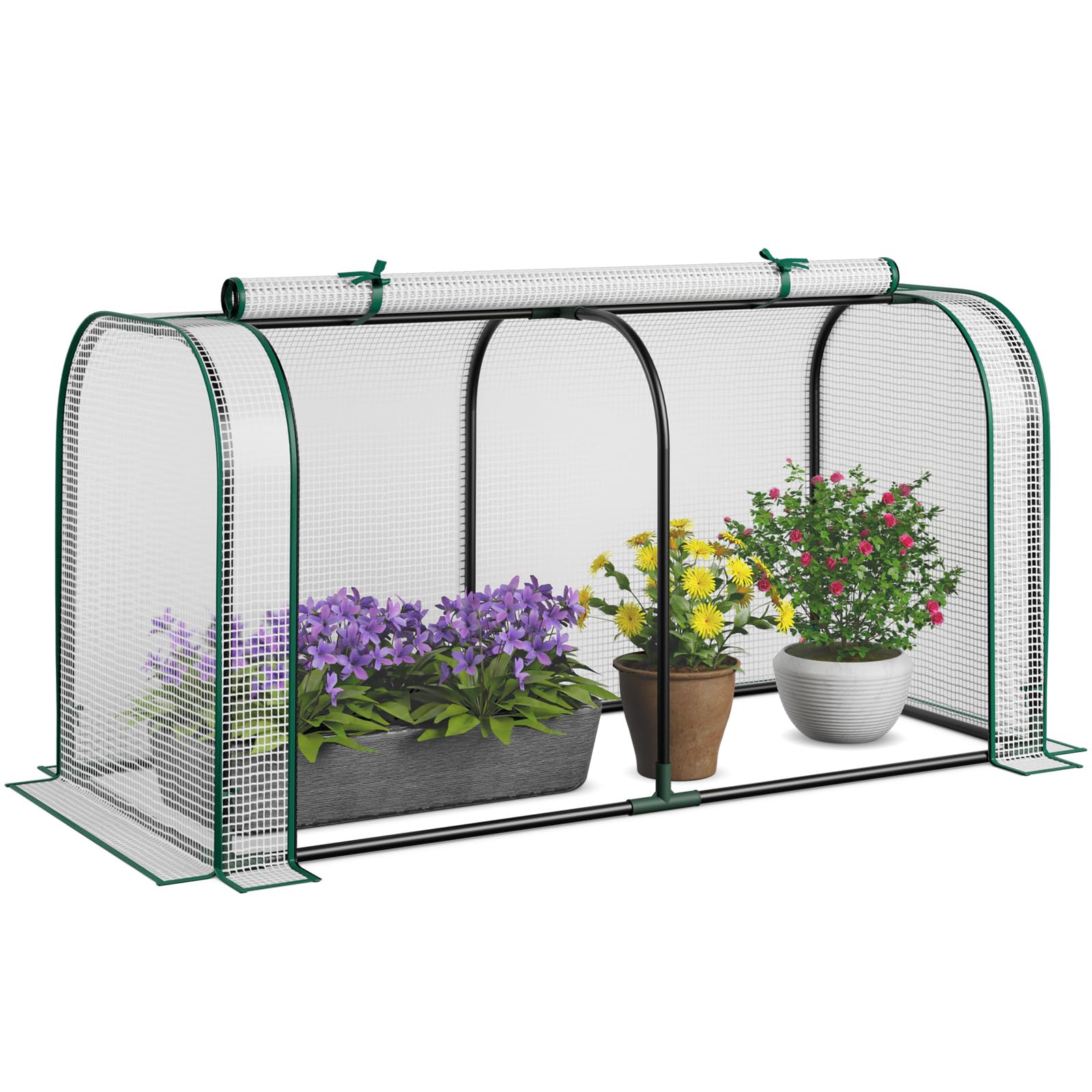 COSTWAY Mini Serra 118 x 55 x 60 cm, Serra con Copertura Impermeabile e Protettiva dal Sole in PE, Struttura Metallica Resistente alla Ruggine e Porta con Cerniera Arrotolabile (Bianco)