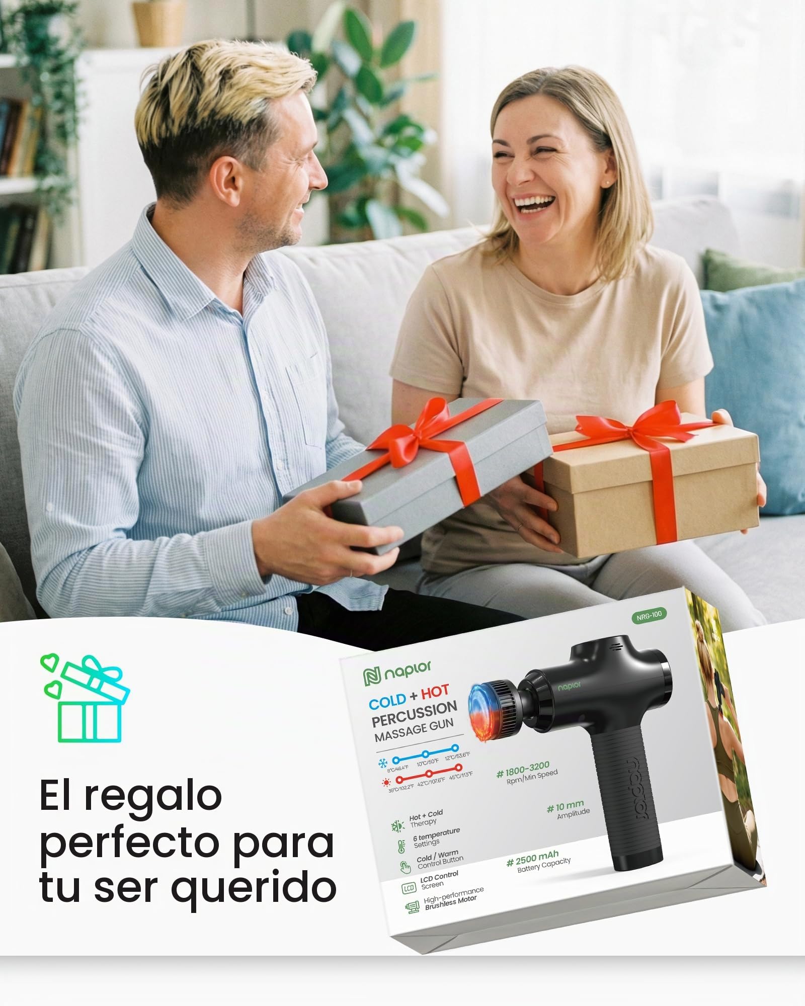 Pistola de Masaje Muscular con Calor y Frío [2026], Masajeador Tejido Profundo 10mm, Motor Silencioso 40dB, 5 Velocidades, Pantalla LED, Massage Gun Cervical Espalda Piernas, Regalo Hombre Mujer