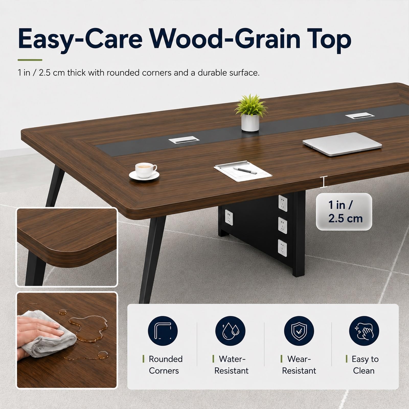 Mesa de conferencias Grande con 2 Cajas de gestión de Cables, Tablero Efecto Madera de 2,5 cm, Mesa de Oficina Rectangular Moderna, Varios tamaños(European Oak,350 * 150cm)