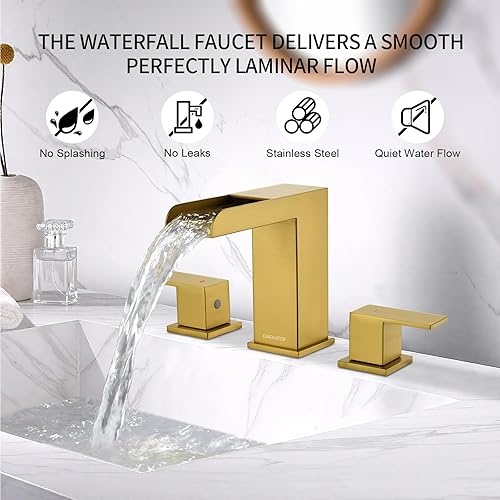 Miniatura 2 de OMEKNTOP Grifos de baño dorados de 3 agujeros, cascada, grifo de baño de 8 pulgadas, grifo de baño extendido de 2 manijas para baño, grifo de