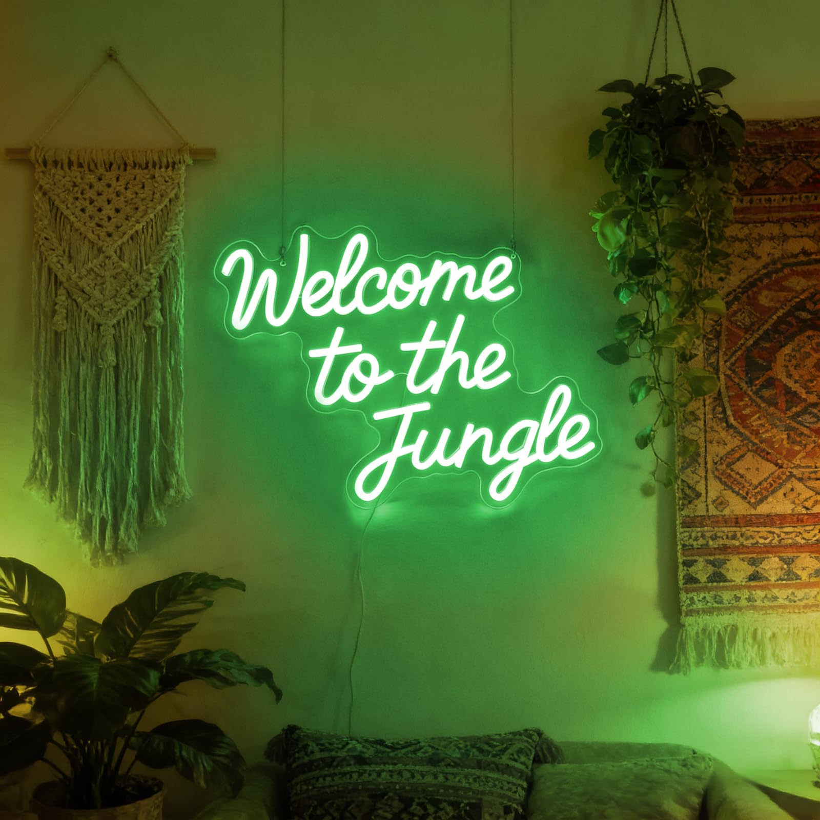 Letrero de neón con texto en inglés "Welcome to the Jungle" para decoración de la selva, luces LED verdes regulables para fiesta de selva, aula, guardería, entrada del hogar, habitación