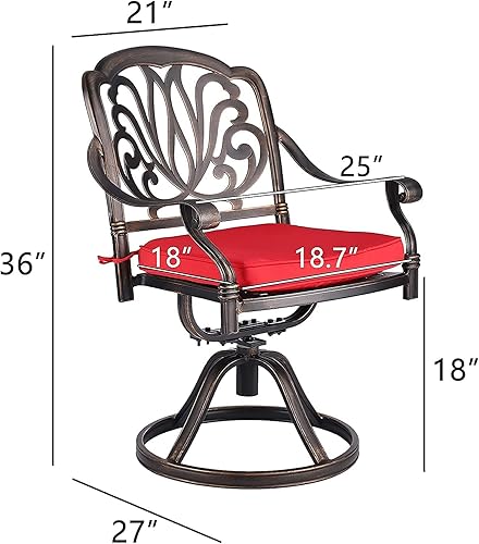 Miniatura 2 de Juego de 2 sillas de comedor giratorias para patio con cojines, sillas de aluminio fundido para exteriores, sillas de muebles de metal resistentes a