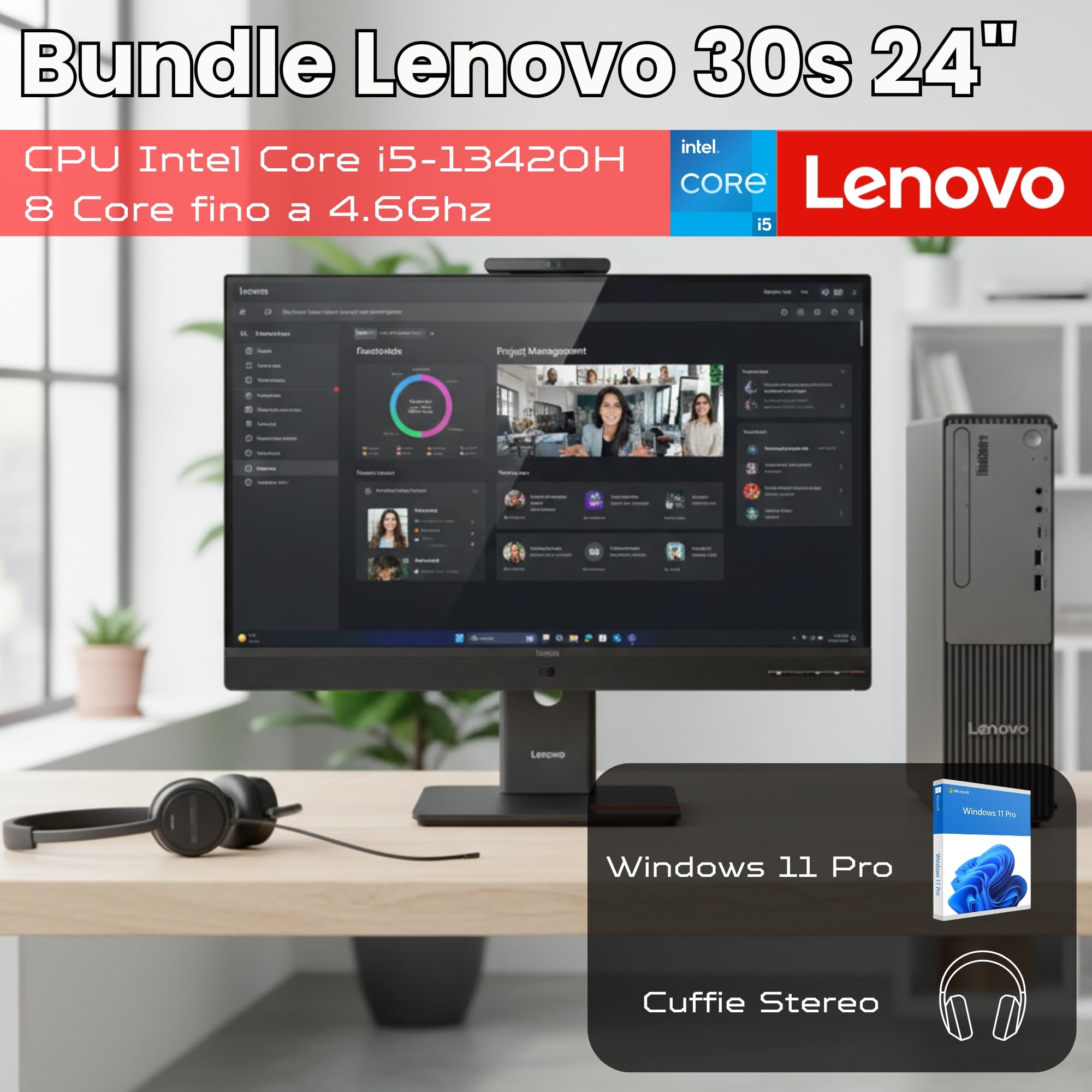 Lenovo PC Completo Business e Office Neo 30s Gen 5 SFF | Intel Core i5-13420H | 16GB RAM DDR5 | SSD 512GB Nvme HDMI + Monitor ThinkVision 24" VoIP con Webcam, Audio e Microfono – Windows 11 Pro