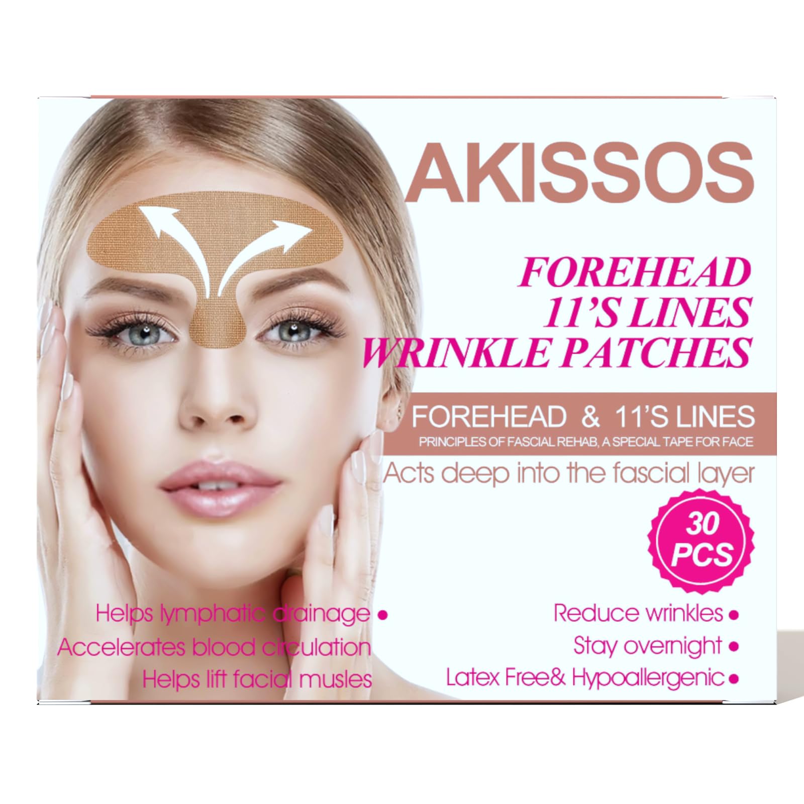 Akissos Wrinkle Patches Face Tape 30 PCS Forehead Wrinkle Patches for Face Overnight, Kinesiology Tape for Face, Forehead Wrinkles, 11 Lines, Frown