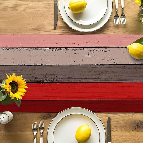 Miniatura 215 de Camino de mesa de algodón y lino estilo granja rústico retro, textura de madera de granero, color degradado marrón y gris, antideslizante,