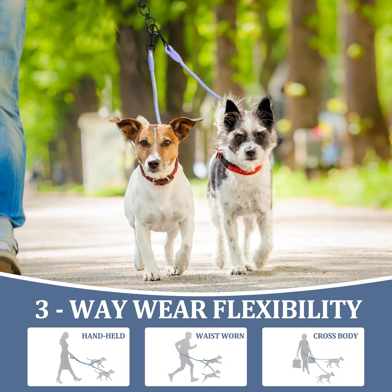 Double Dog Leash No Tangle, Adjustable Split Leads Five Pet Walking Leash with Comfortable Padded Handle for Five Dogs, Hands - Free Five Leashes for Small/Medium Pets (Blue, Five Leashes)