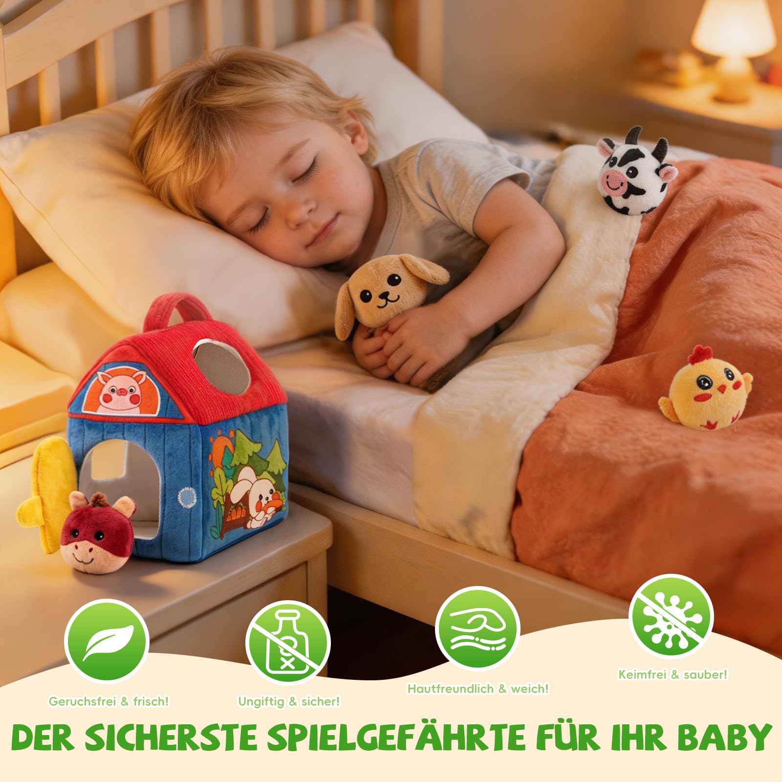 SAIMAND Baby Spielzeug 6-12 Monate – Überraschungs-Scheune mit Plüsch-Bauernhoftieren, Rassel & Spiegel, Montessori Sensorik Lernspielzeug für Kinder 1 2 3 Jahre, Geschenk zu Weihnachten & Geburtstag