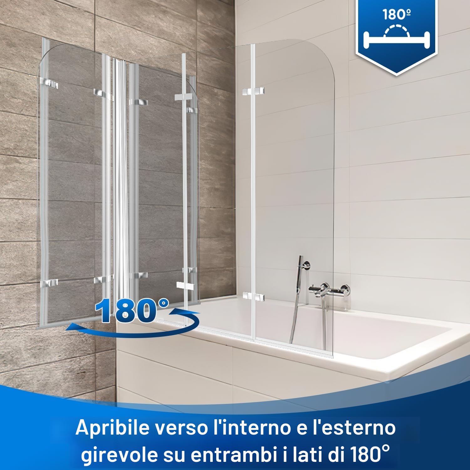 Schermo doccia per vasca da bagno, 120x140 cm, 3 pezzi pieghevoli, divisoria per doccia, con vetro di sicurezza ESG da 6 mm, Schermo doccia in vetro per vasca da bagno, trasparente argento