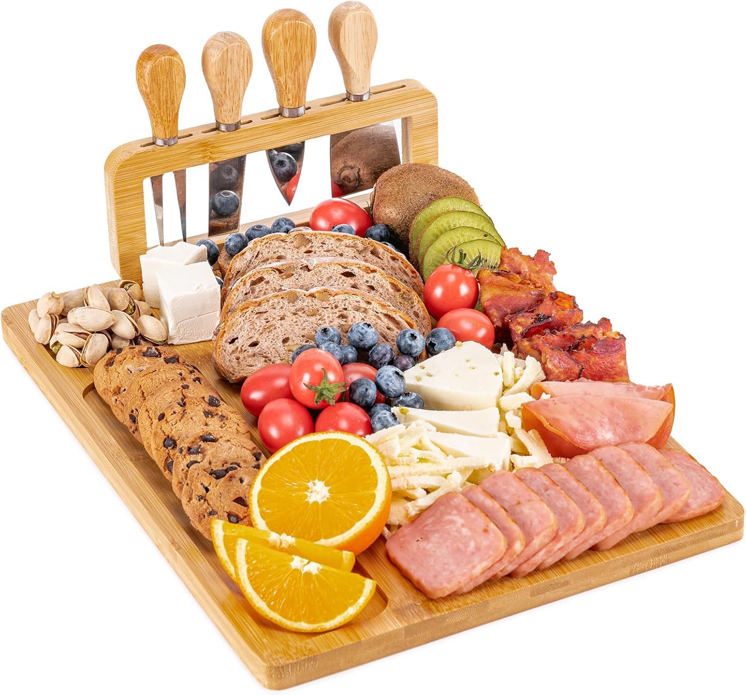 LATERN Zestaw bambusowych desek do sera, 35 cm x 27 cm, drewniana deska do wędlin i serów Cheese Charcuterie Board z 4 nożami do sera, idealny zestaw prezentowy na Boże Narodzenie, wesela, parapetówkę