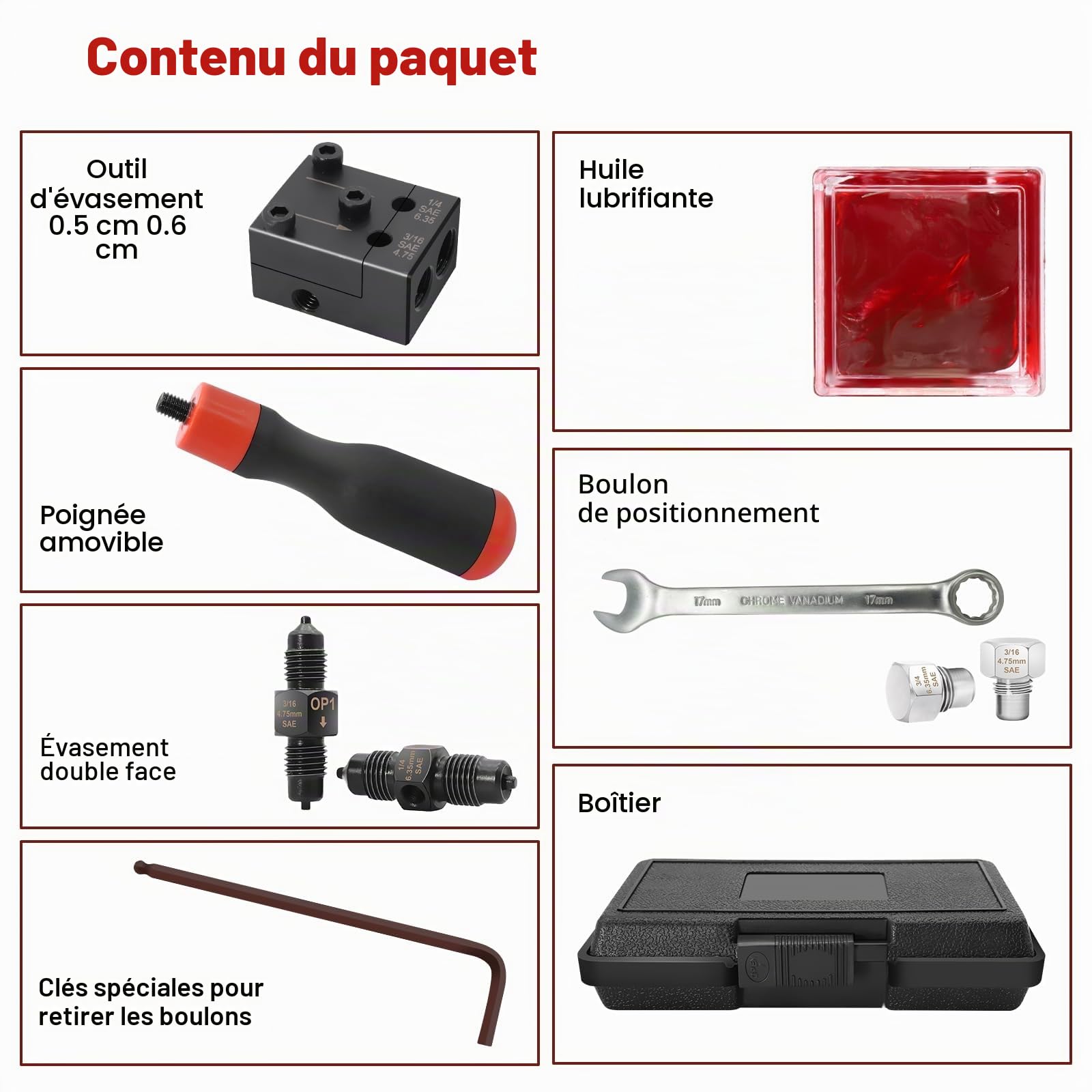 RUIZHI Appareil à évaser les conduites de frein pour évasements SAE, 7,62 m Ø4,75mm Kit d'outil à évaser à double tête avec clés de 10 et 17 mm, pour systèmes de freinage hydrauliques automobiles