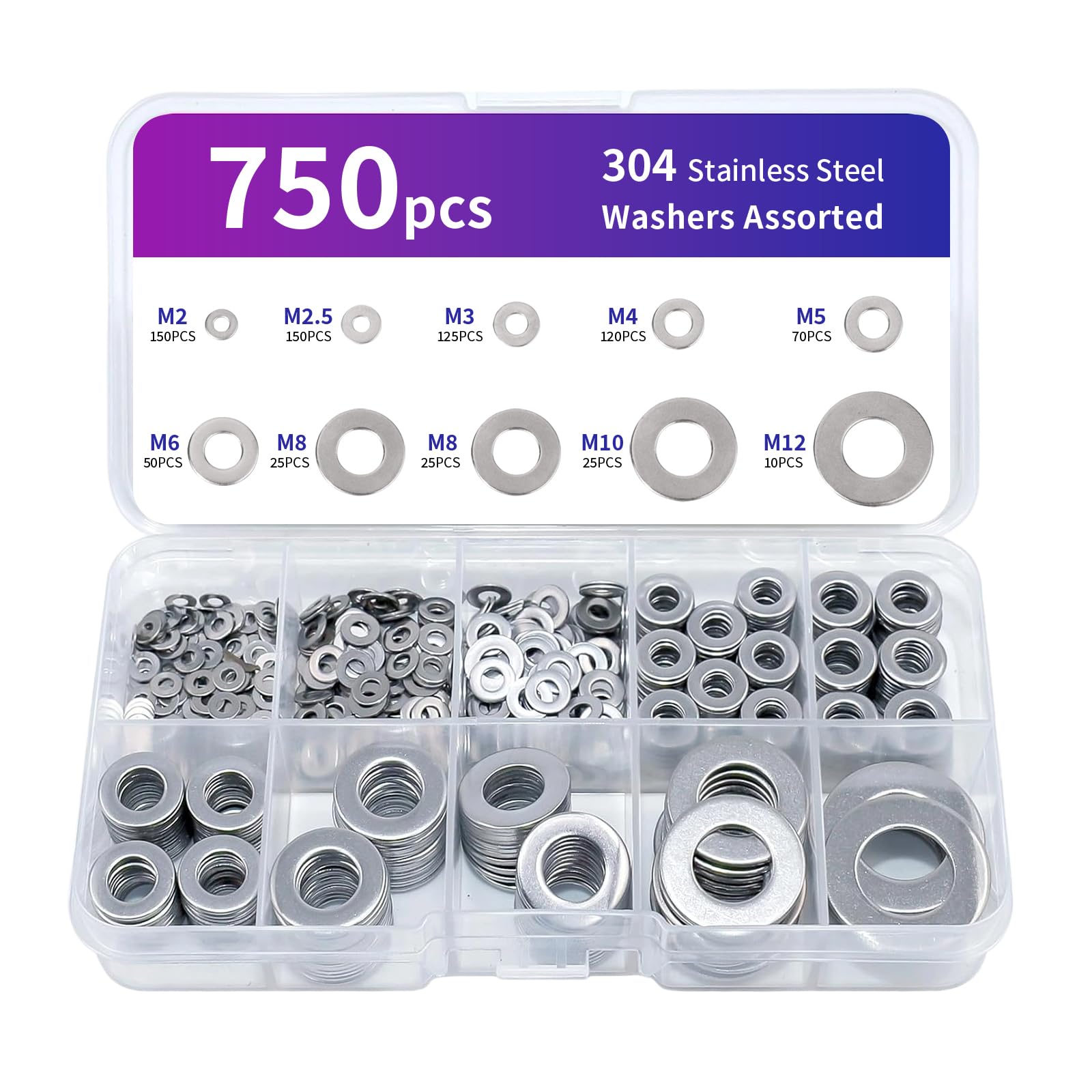 Dreamil Set di 750 Rondelle in Acciaio Inox, Rondelle Ondulate, Rondelle per Serraggio in Metallo, Rondelle per Viti, Dadi e Barre Filettate (M2-M12)