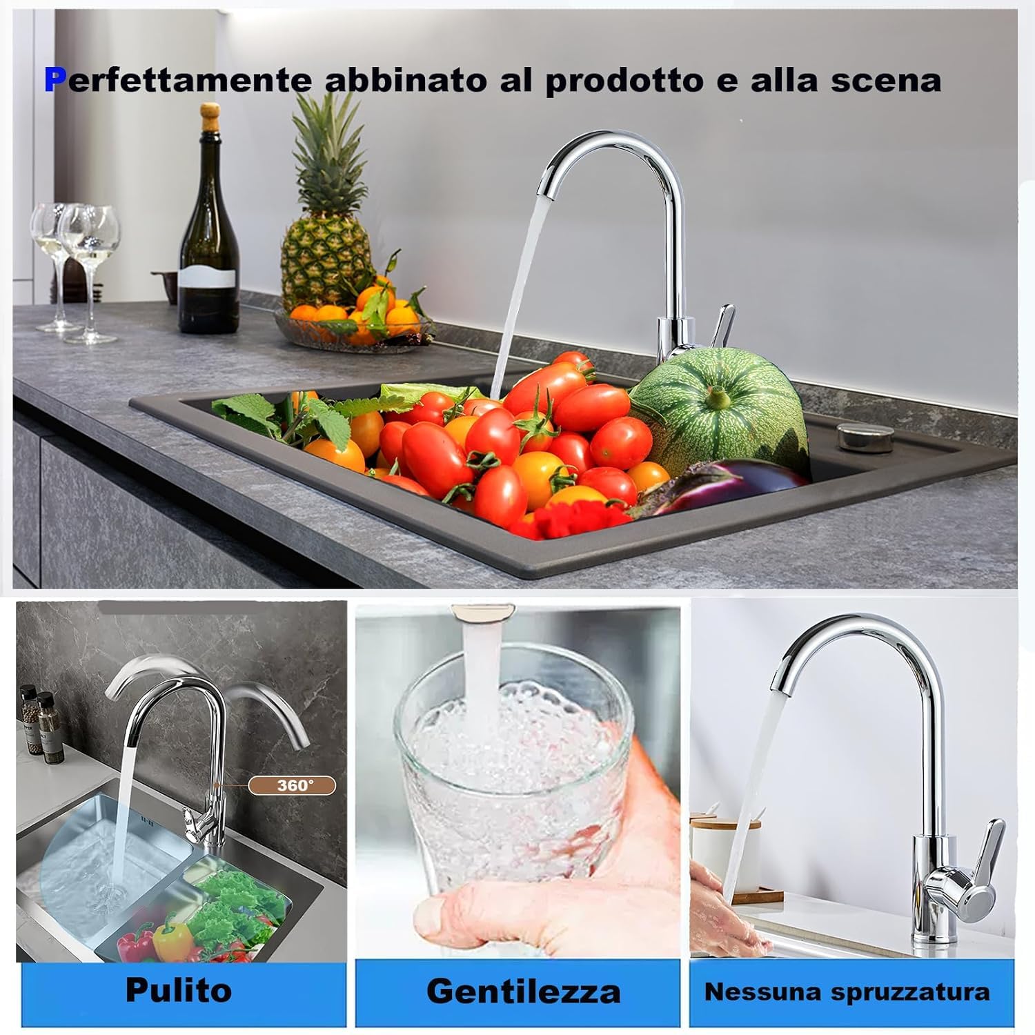 XWIHTR Rubinetto miscelatore monocomando per lavello, rubinetto in acciaio inox per cucina calda e fredda a 360°, antigoccia con rubinetto muto per lavabo per verdure (cromo-h)
