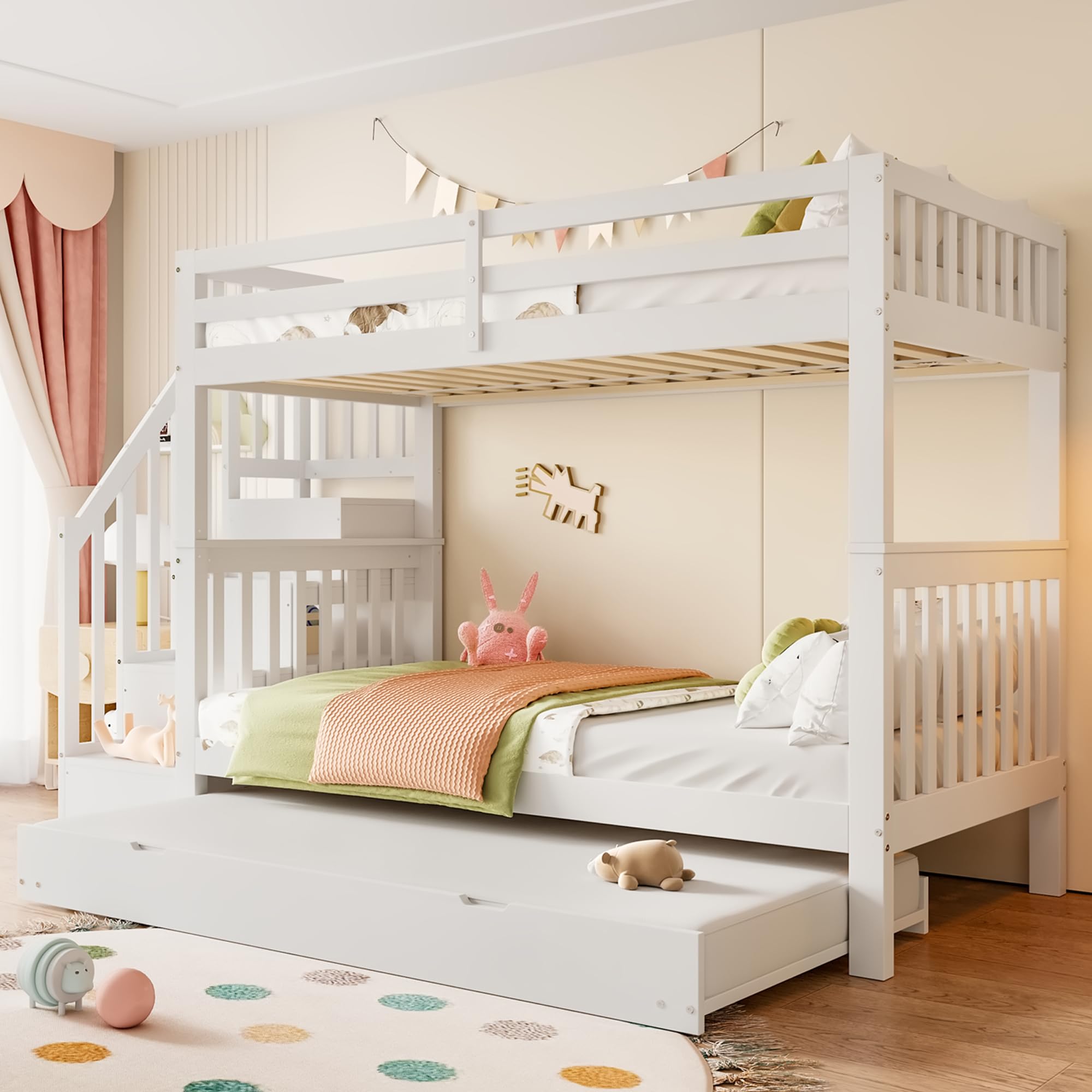 Lettino a castello, 90 x 200 cm, con ripiano per scale, dotato di letto estraibile 90 x 190 cm, rete a doghe, letto per ragazzi con ringhiera alta
