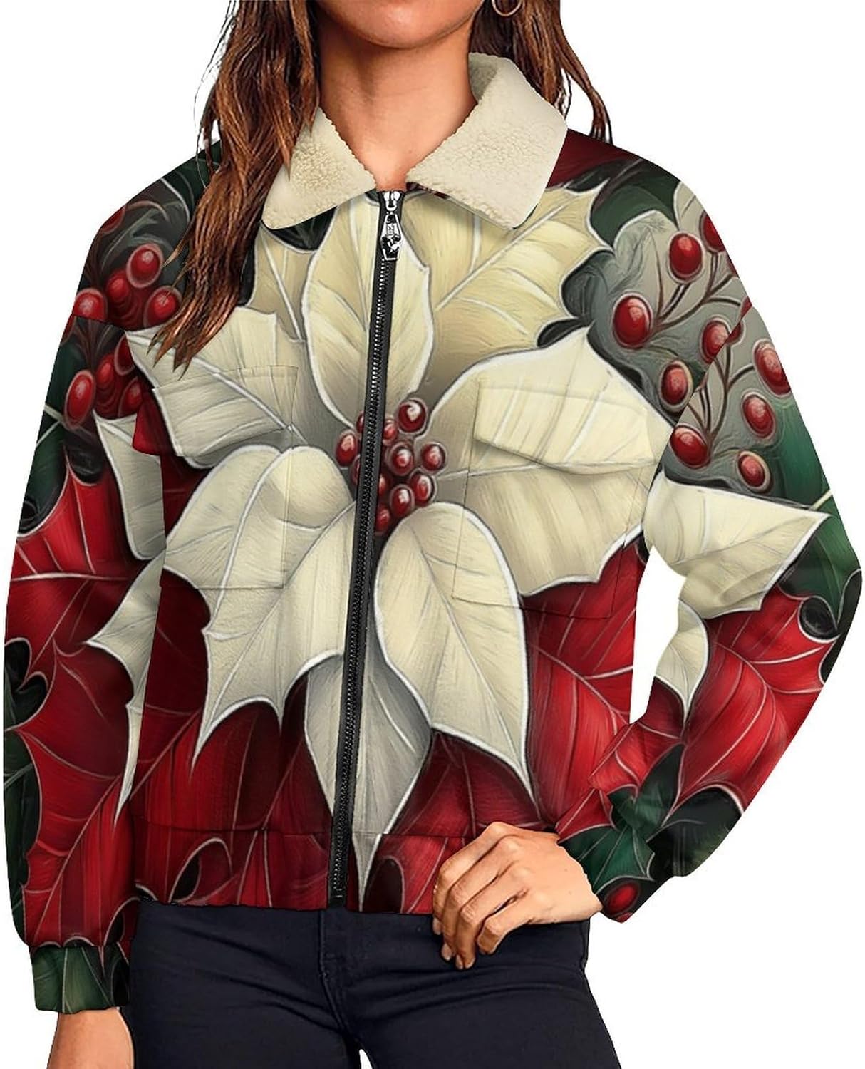 Womens Fleece Jacket with Holly leaves berries Printed, Zip Up Lapel Sherpa Lined Coats,Casual Winter Warm Outwear