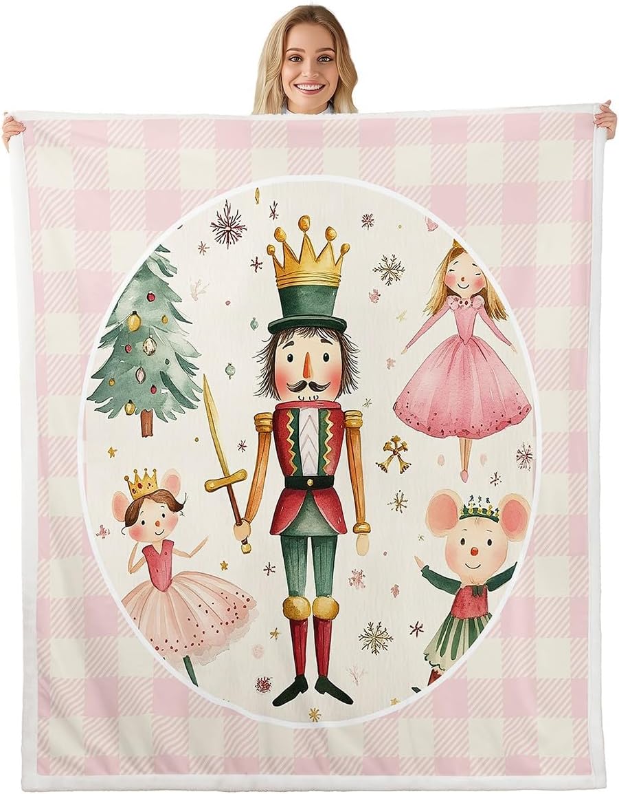 Erosebridal Christmas Nutcracker Throw Blanket Twin 60"X80" Pink White Buffalo Plaid Xmas Fleece Bed Blanket for Kids Girls,Guarder Soldier Ballet Sherpa Blanket Pine Tree Snowflake Flannel Blanket