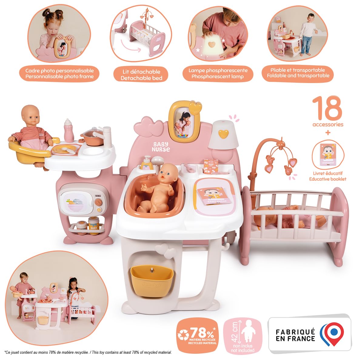 Smoby - Baby Nurse - Grande Maison des Bébés - pour Poupons Jusqu'à 42 cms - 19 Accessoires - Matière Recyclée - A Partir de 3 Ans - Fabrication Française
