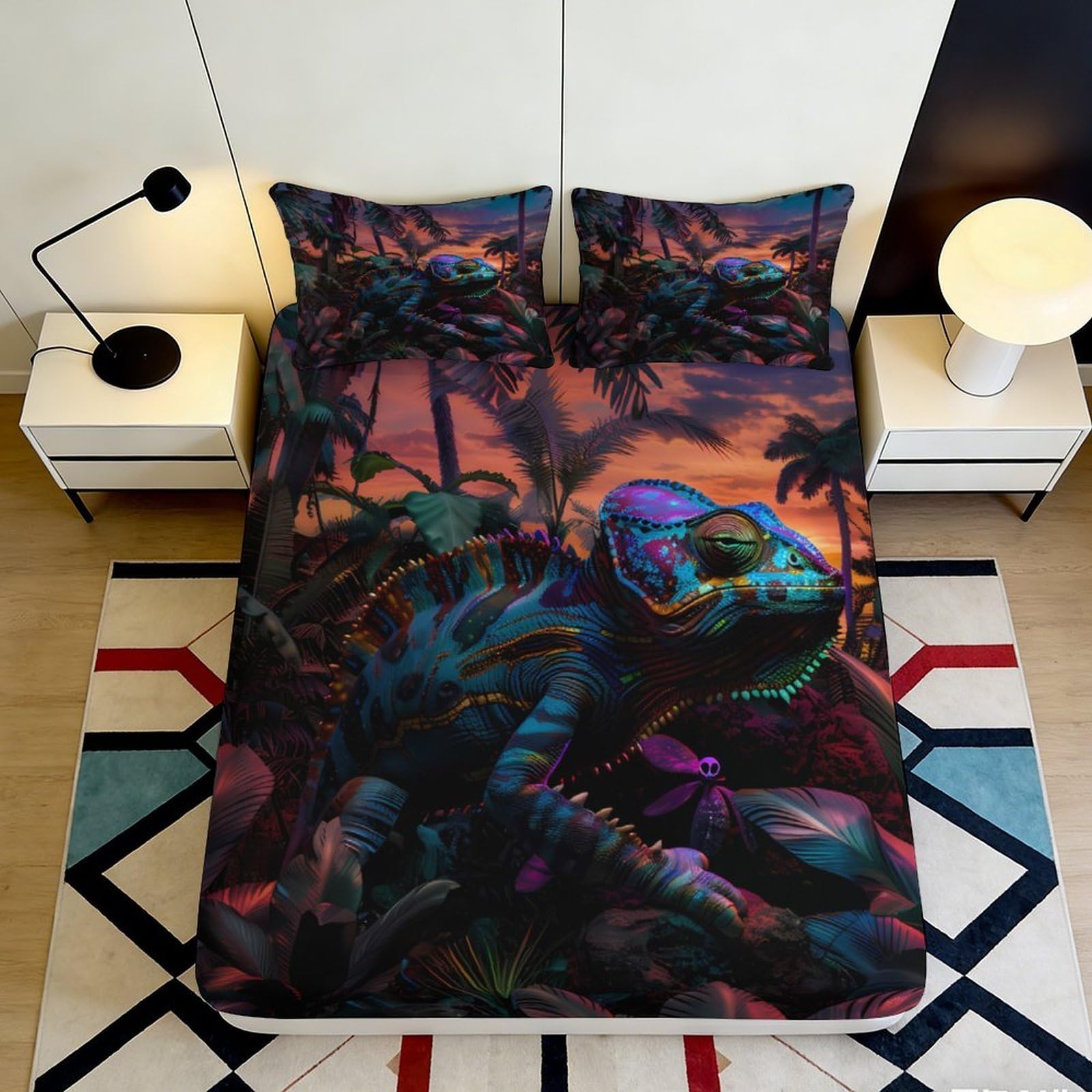3D Printed Chameleon Pattern Fitted Sheet Microfiber Soft Breathable Tropical Sunset Bed Cover for Bedroom Dormitory Guest Room Mattress Protection 200x200x25cm