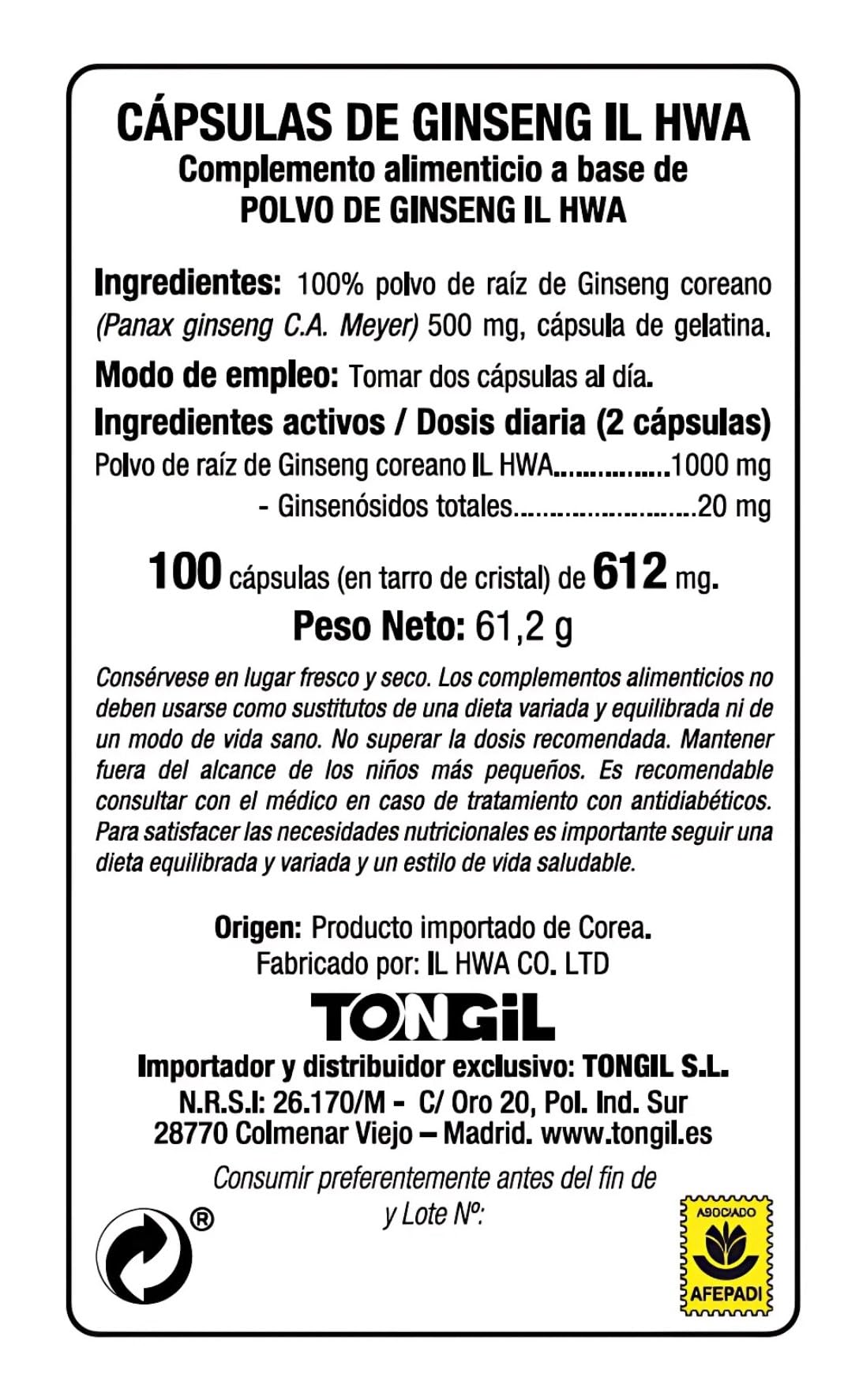 Ginseng Coreano Puro, Calidad Ilhwa, 500 mg, 100 cápsulas | Panax Ginseng 100% Sin aditivos | Energía Física y Mental | Raíces Maduras de Cultivo Propio y Extracción Exclusiva | de TONGIL
