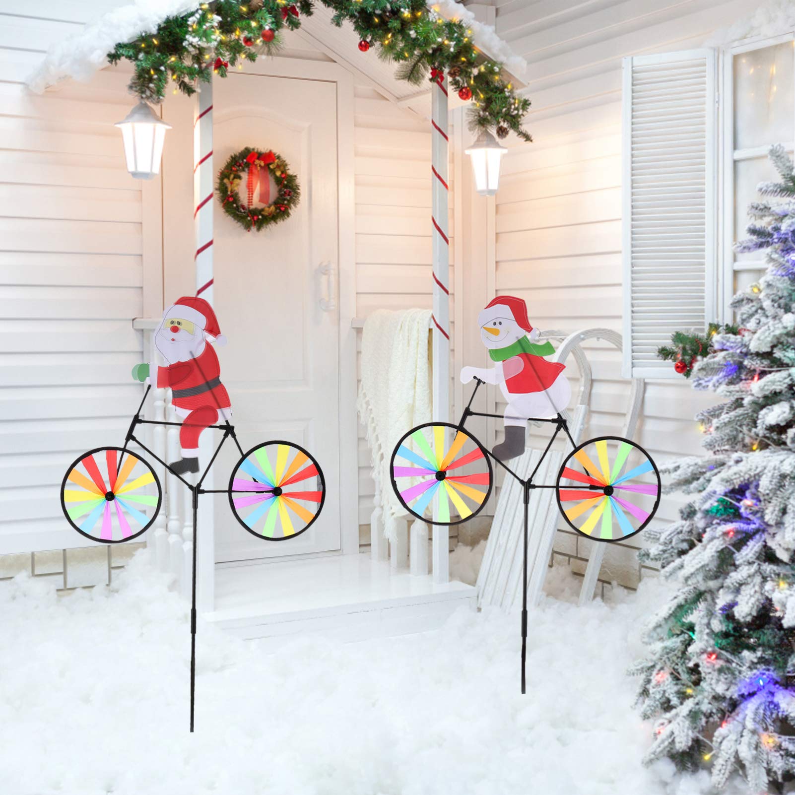 Cabilock 2pcs Christmas Pinwheels Santa on Bike Windmill Garden Wind Spinners Xmas Garden Stake for Holiday Gardern Yard Patio Nursury Decor