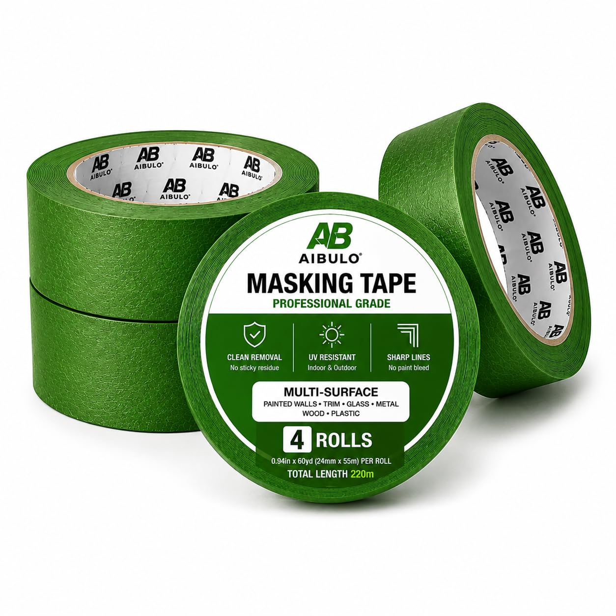 AIBULO Green Masking Tape – 4 Rolls 24mm x 55m | Multi-Surface Painters Tape for Painting, DIY & Decorating | Low Tack Masking Tape for Sharp Lines, Clean Removal & No Paint Bleed