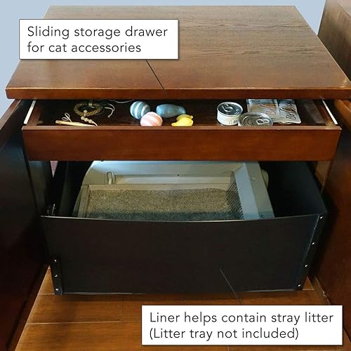 Miniatura 4 de THE REFINED FELINE - Gabinete arenero para gatos con bandeja de arena oculta mueble para gato tamaño grande y extragrande estilo moderno color caoba