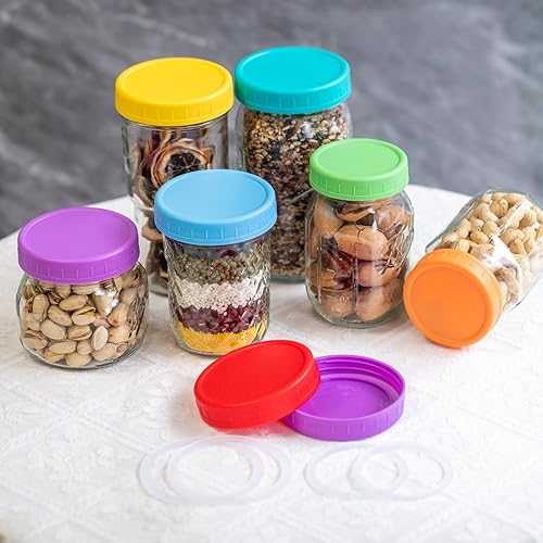 Miniatura 4 de Paquete de 18 tapas para tarros Mason de boca ancha con anillos de silicona, tapas de tarros Mason de colores, tapas de plástico para conservas,