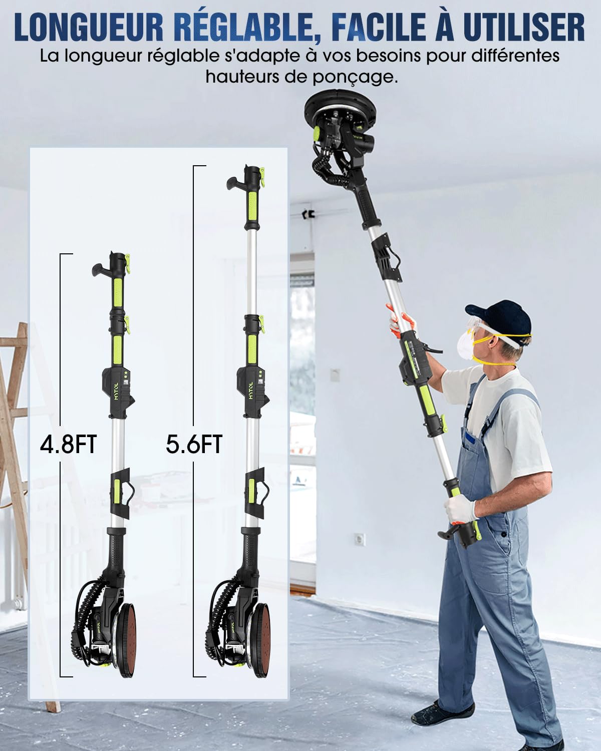 MYTOL Ponceuse Girafe Aspirante, 900W Électrique Girafe Ponceuse avec Aspirateur Poignée Pliable Extensible, 6 Vitesses, Vitesse Maximale 1800U/min, Éclairage LED, 12 Papiers Abrasifs