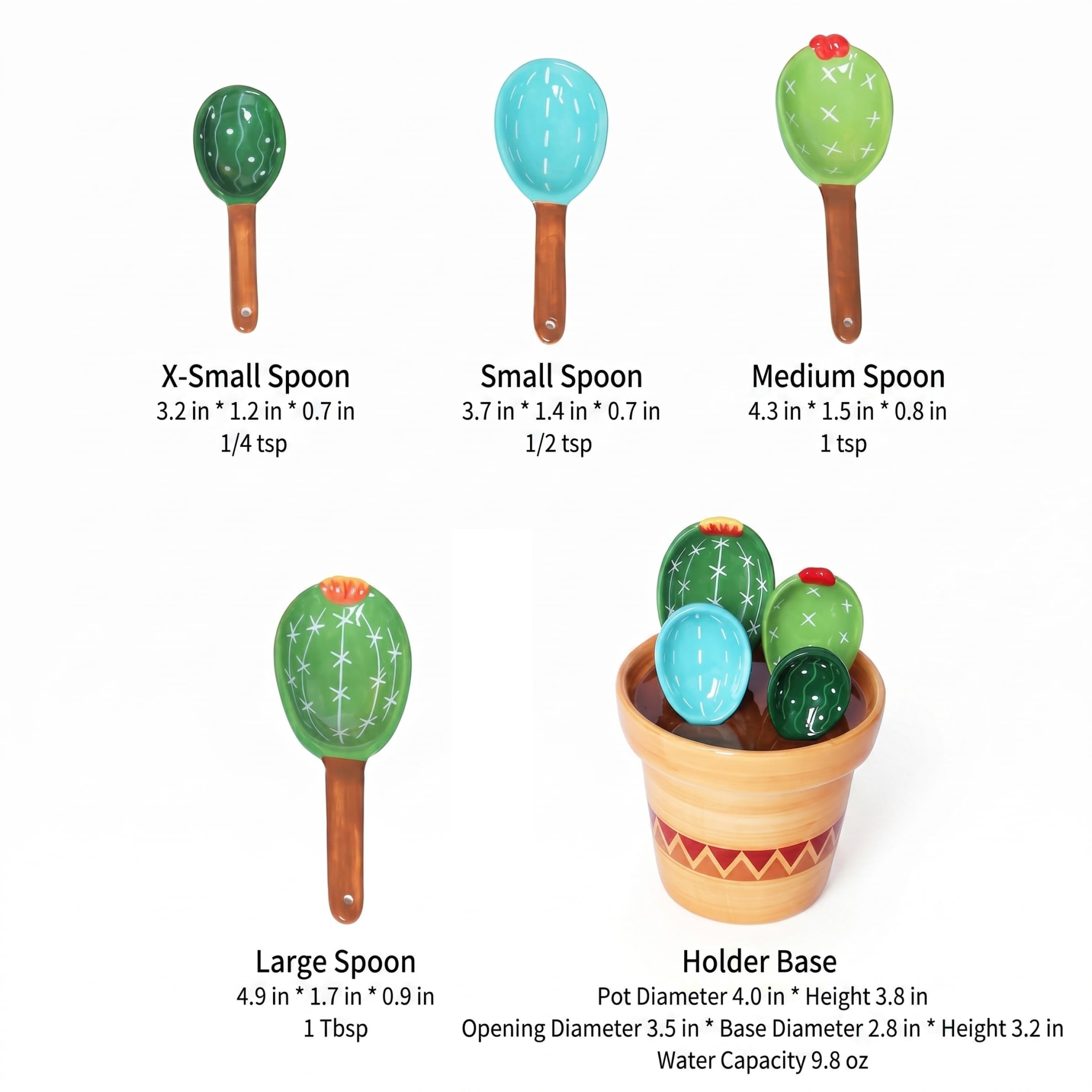 Juego de 5 cucharas medidoras bonitas y tazas medidoras bonitas, herramienta para hornear de cerámica de Cactus con taza de almacenamiento con diseño de ondas