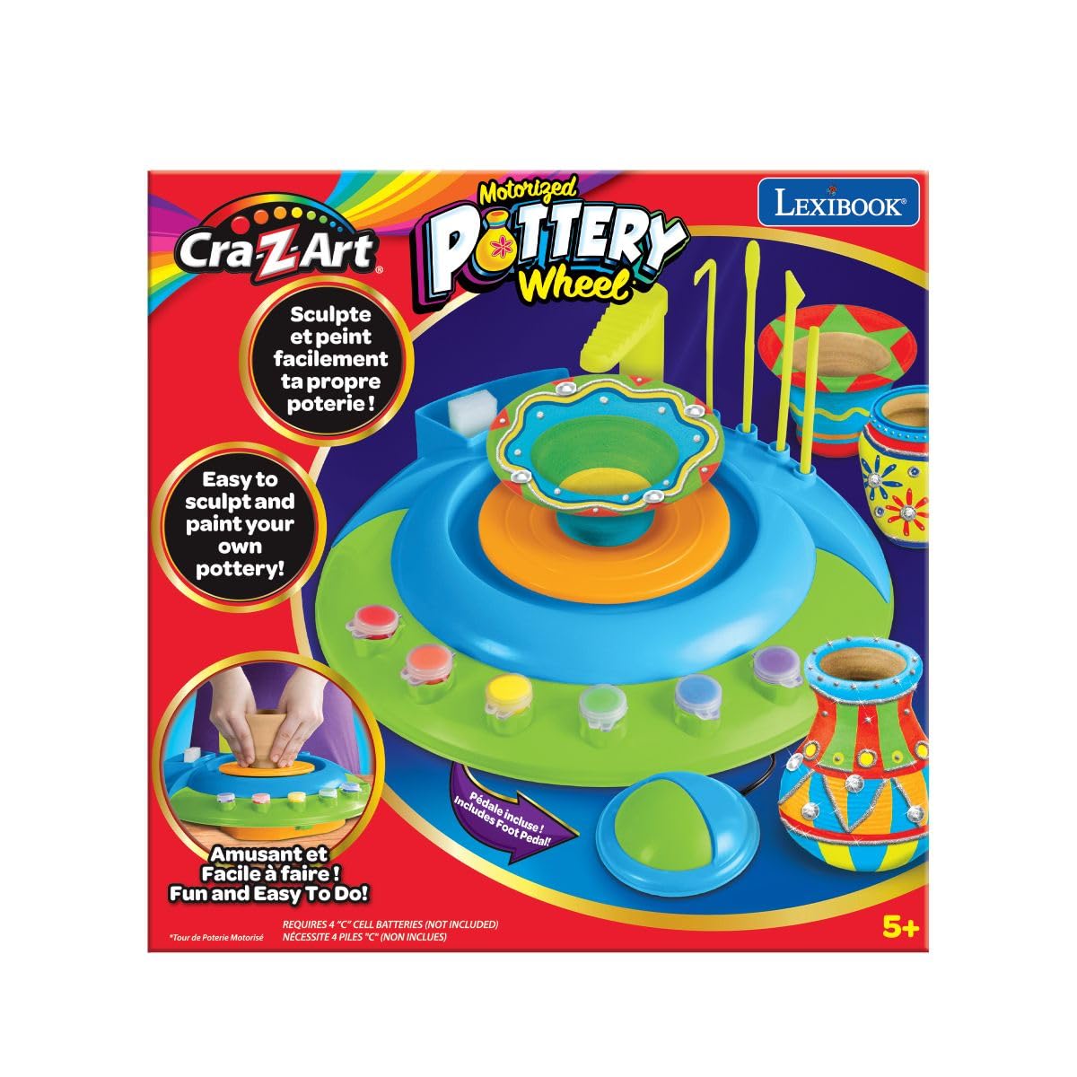 LEXIBOOK, Torno de Alfarería Motorizado para Niños, Kit Creativo con Arcilla Natural, Pinturas, Herramientas de Modelado y Accesorios, Verde, CRPOT1