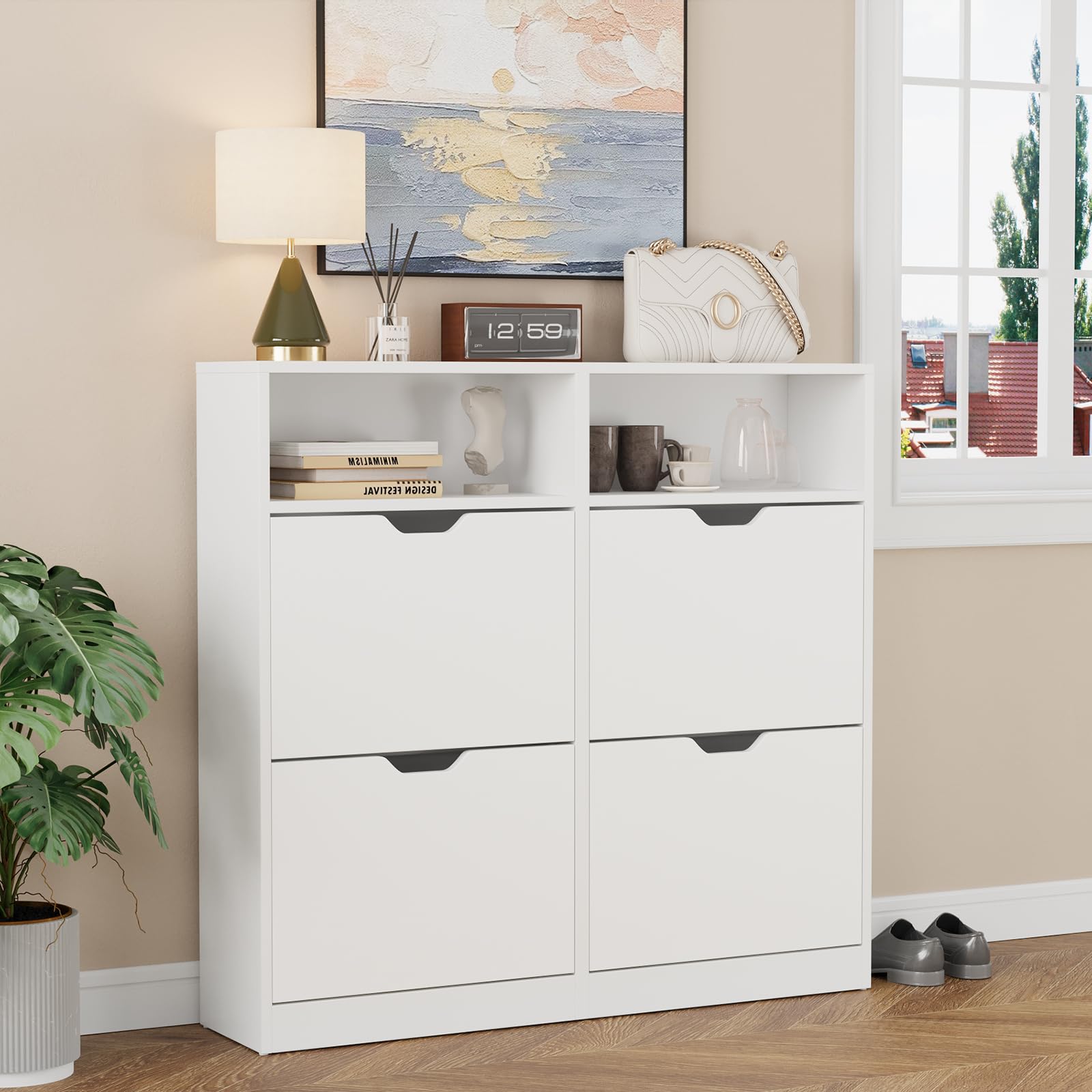 VOWNER Zapatero Entrada Recibidor, Zapatero Estrecho Blanco con 4 Puertas, 105 x 24 x 100 cm (Largo x Ancho x Alto), Madera, con Compartimento, para Entrada Estrecha, Pasillo