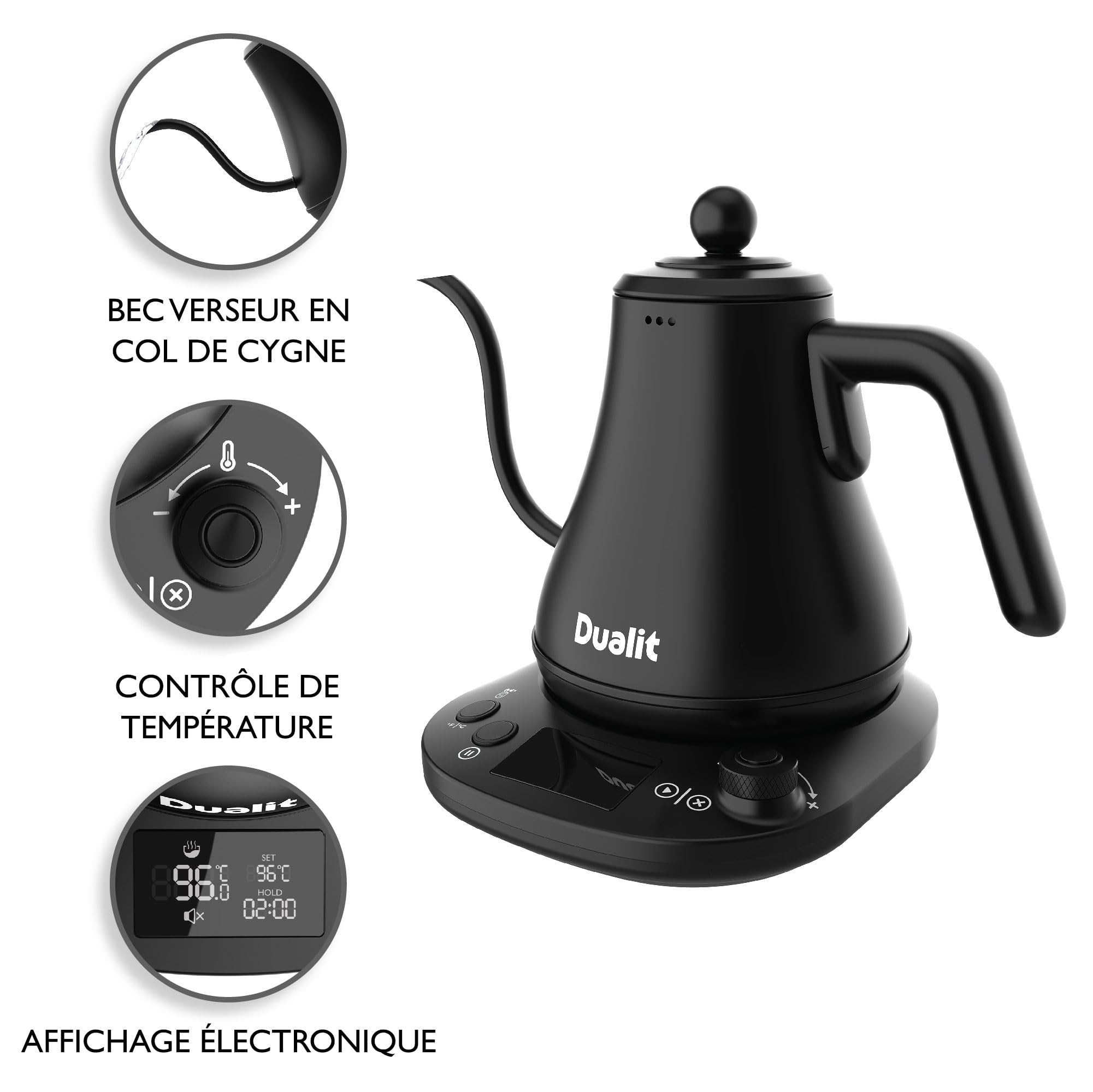 Dualit Wasserkocher Schwanenhals Schnellkochender Electric Kettle (800ml) - Schwarz Matt - Gooseneck Kettle Tropft Nicht - Digitale Display Anzeige - Hocheffiziente Energiesparende Wasserkanne' | schwarz matt, tropffrei, stufenlose Temperaturregelung 38–1